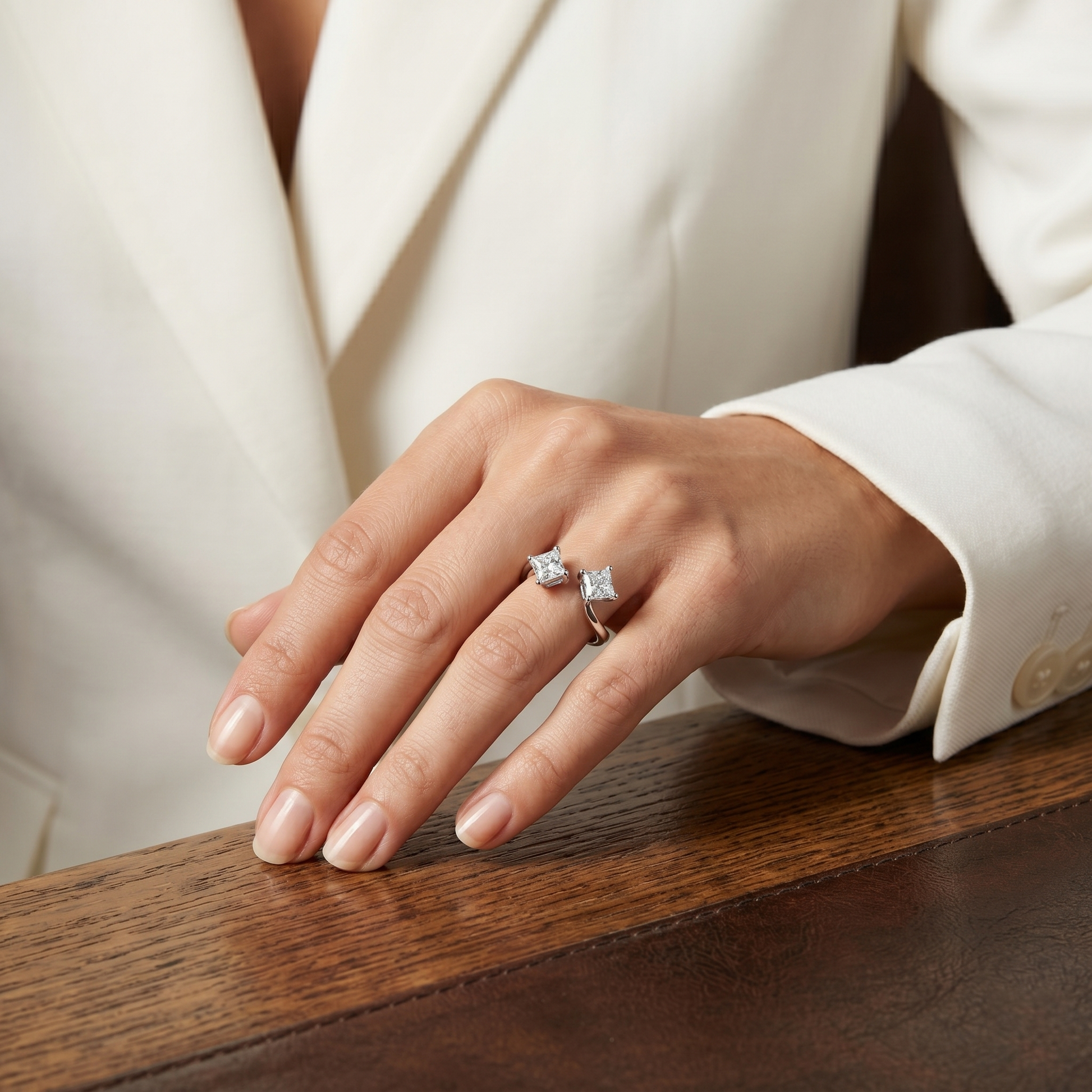 Princess Cut Moissanite Toi et Moi Modern Open-front Bypass Sterling Silver Engagement Ring