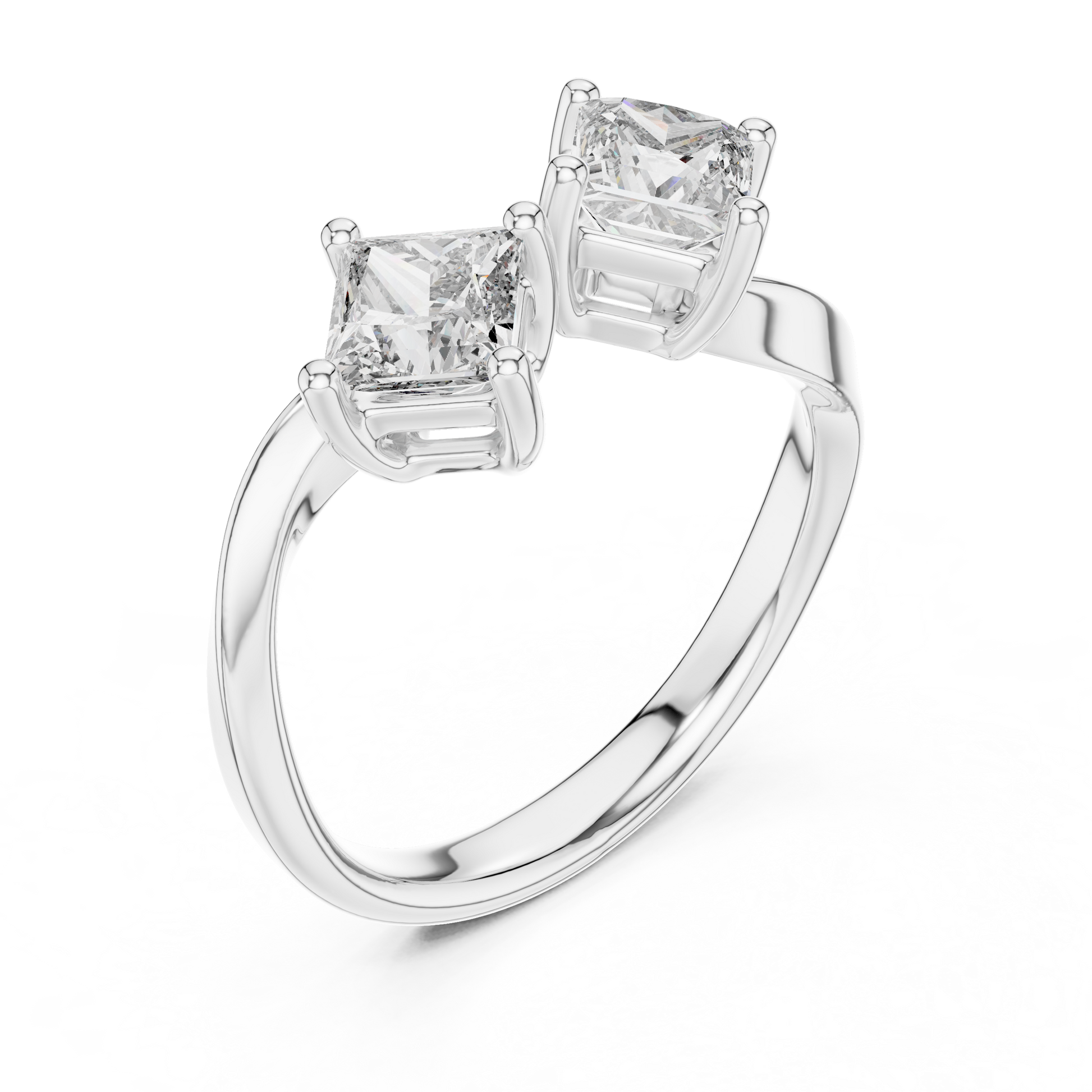 Princess Cut Moissanite Toi et Moi Modern Open-front Bypass Sterling Silver Engagement Ring
