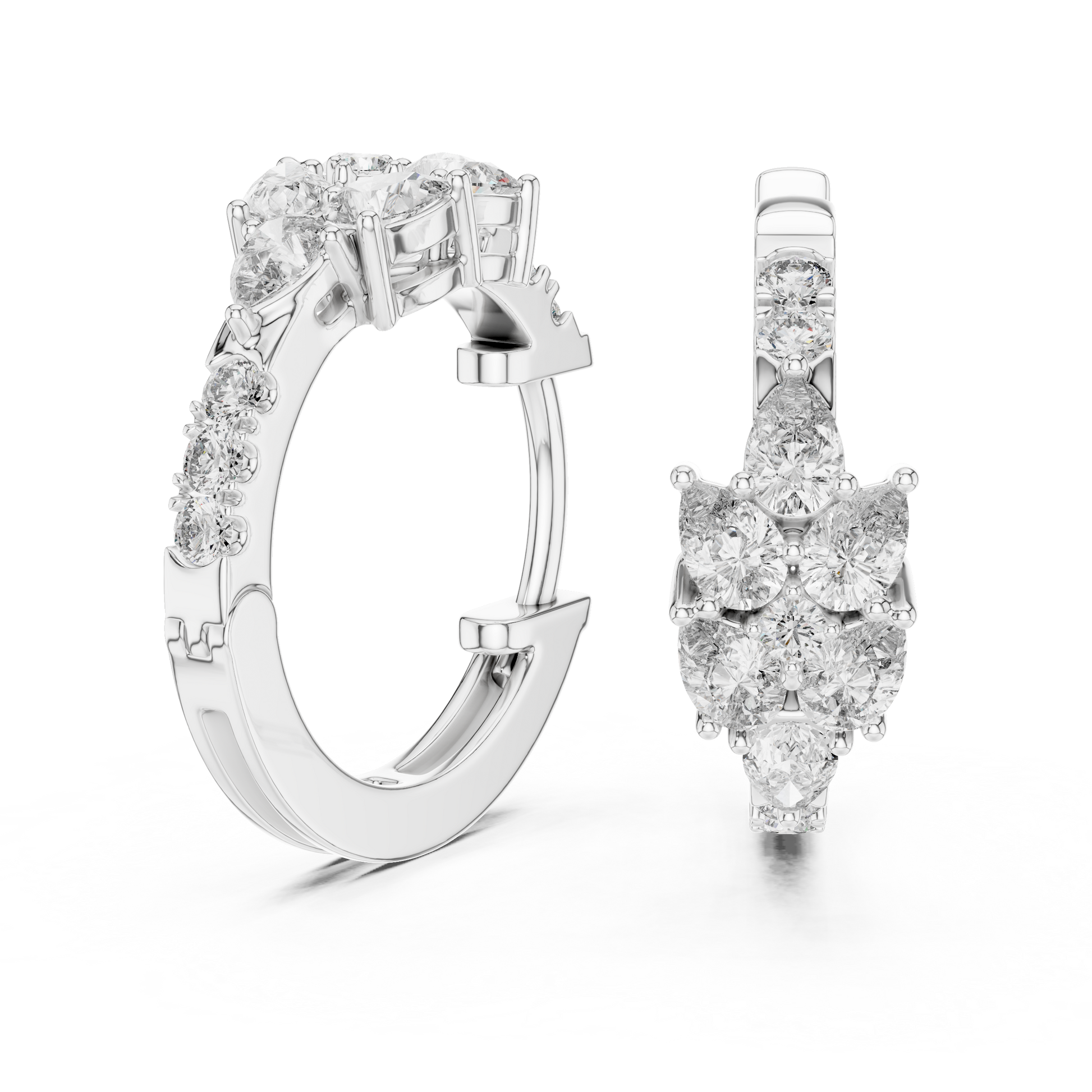 Round & Pear Shape Moissanite Diamond Sterling Silver Floral Bloom Pattern Hoop Earrings