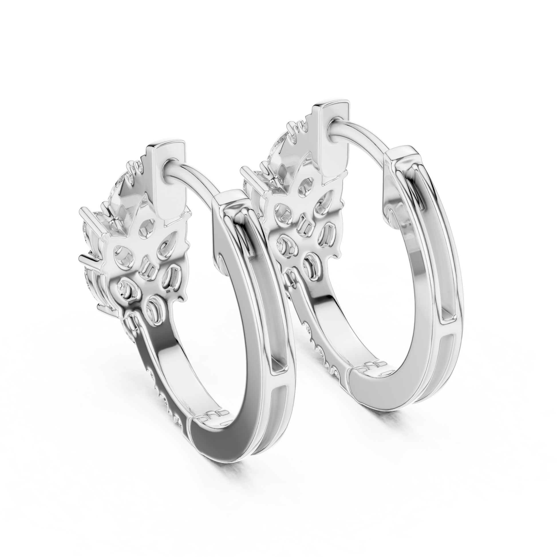 Round & Pear Shape Moissanite Diamond Sterling Silver Floral Bloom Pattern Hoop Earrings