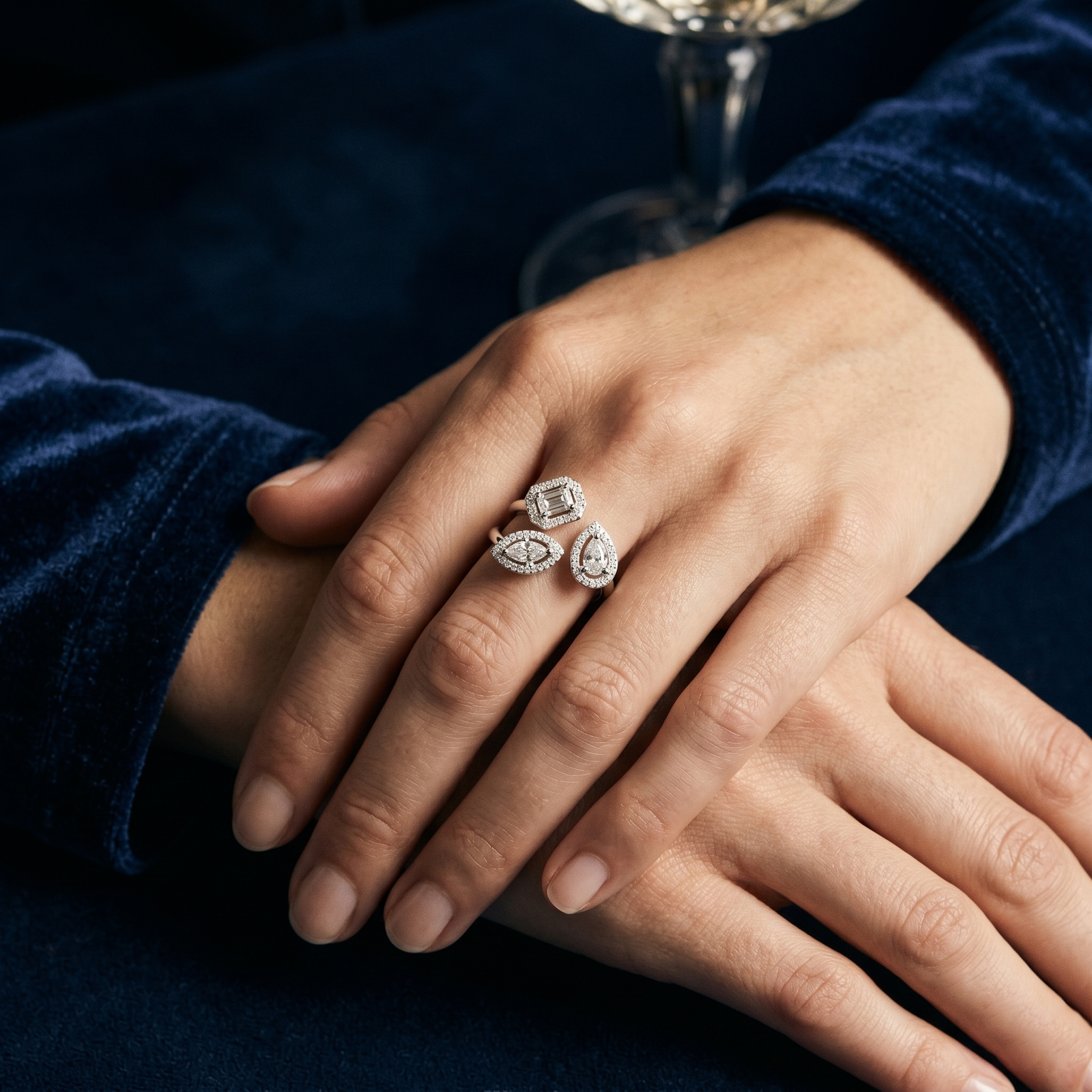 Twin Trilogy Three-stone Halo Moissanite Sterling Silver Cocktail Ring