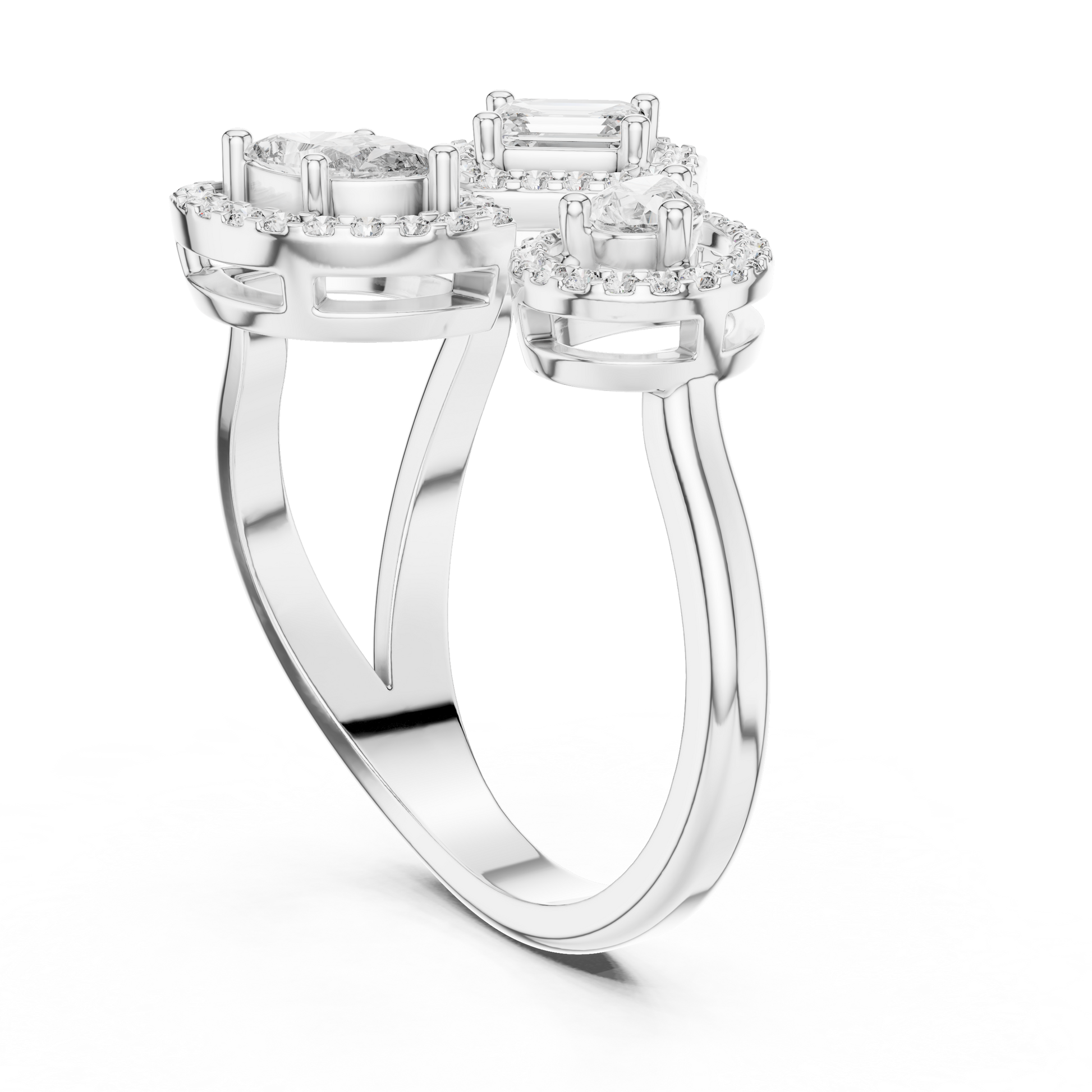 Twin Trilogy Three-stone Halo Moissanite Sterling Silver Cocktail Ring