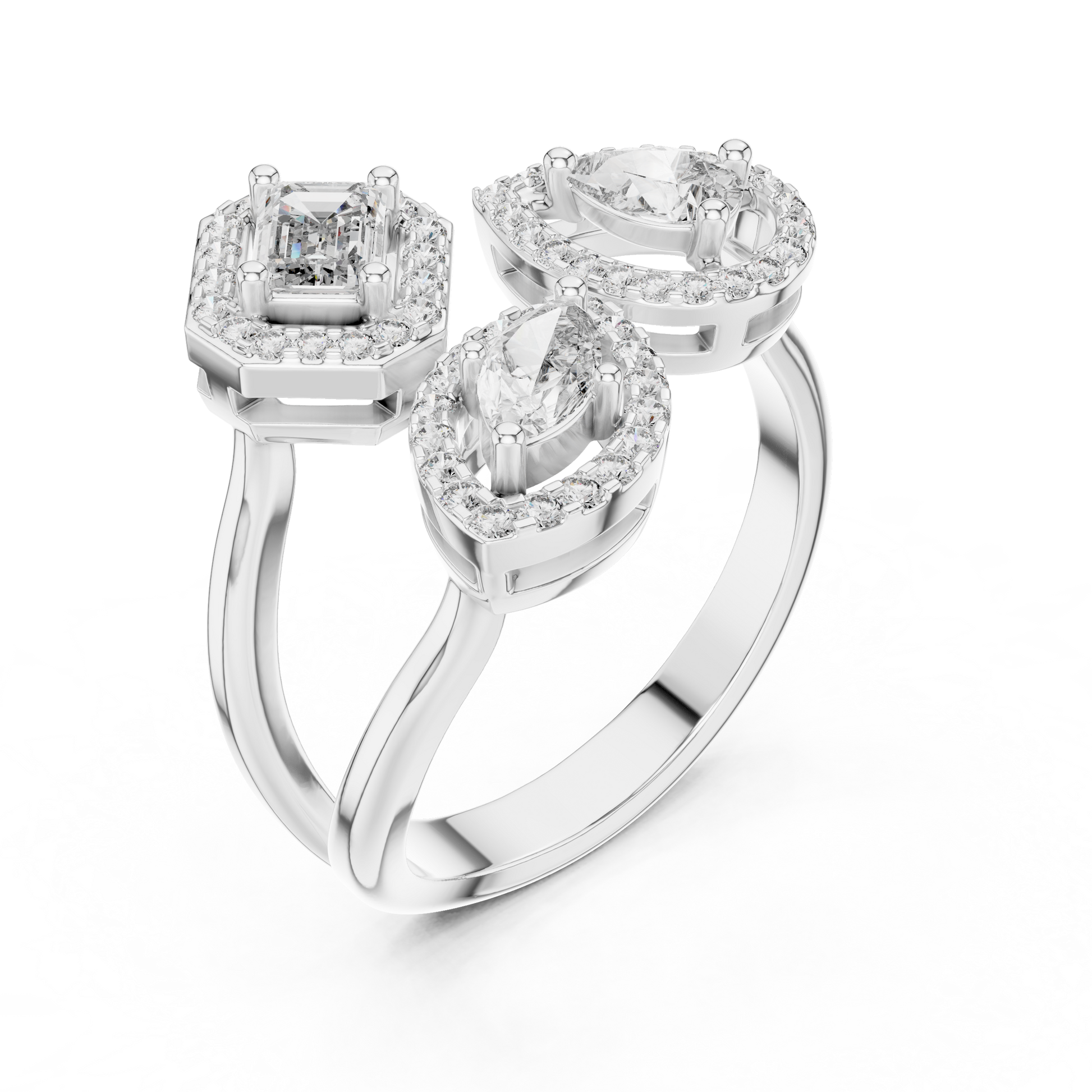 Twin Trilogy Three-stone Halo Moissanite Sterling Silver Cocktail Ringv