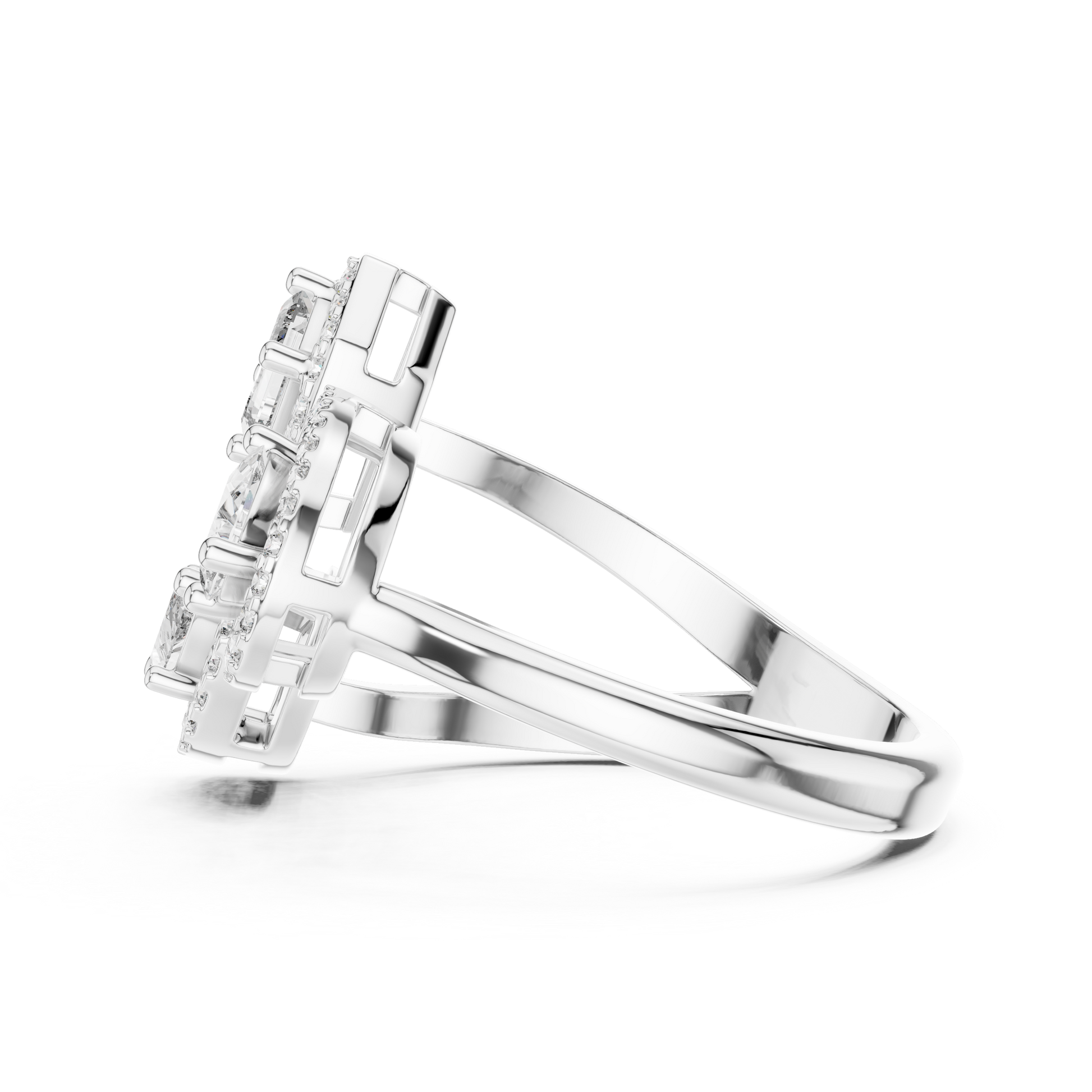 Twin Trilogy Three-stone Halo Moissanite Sterling Silver Cocktail Ring