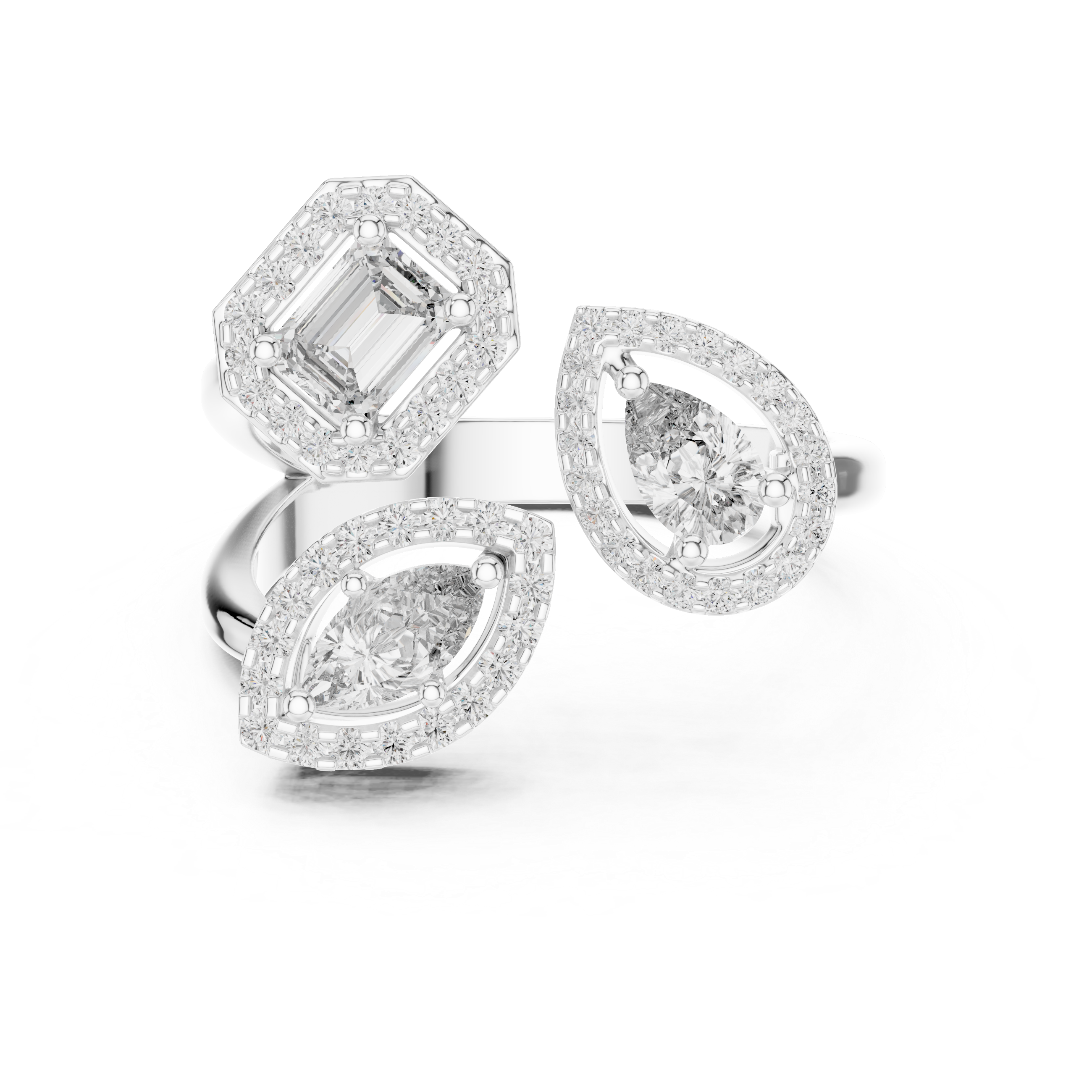 Twin Trilogy Three-stone Halo Moissanite Sterling Silver Cocktail Ring