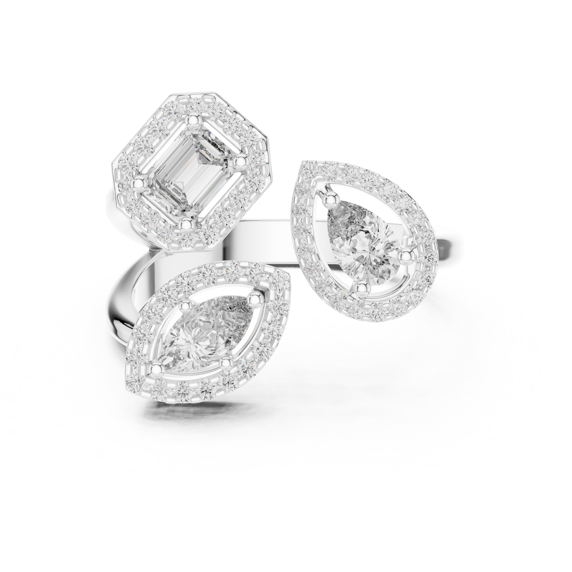 Twin Trilogy Three-stone Halo Moissanite Sterling Silver Cocktail Ring