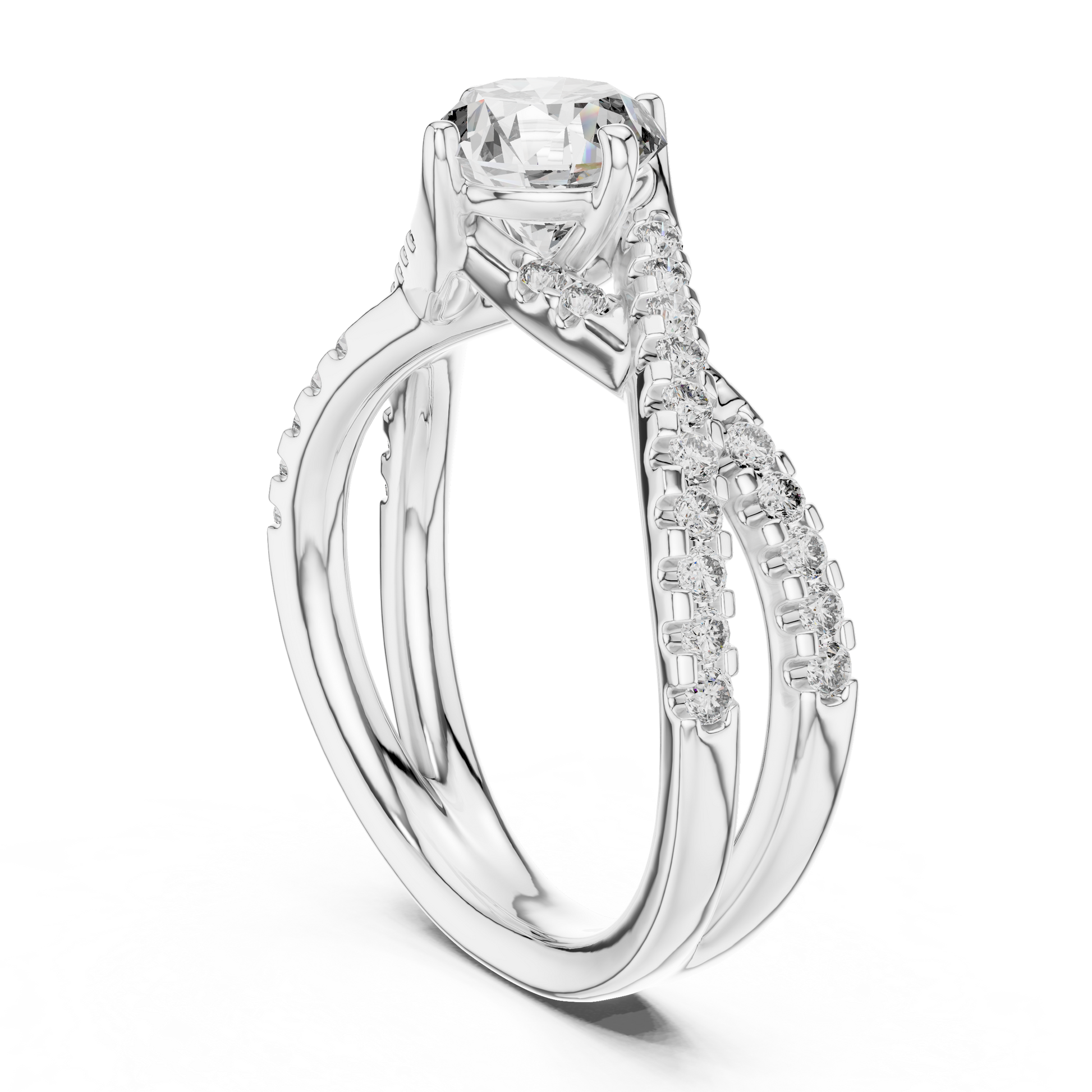 Round-cut Moissanite Sterling Silver Twisted Split-shank Solitaire Engagement Ring