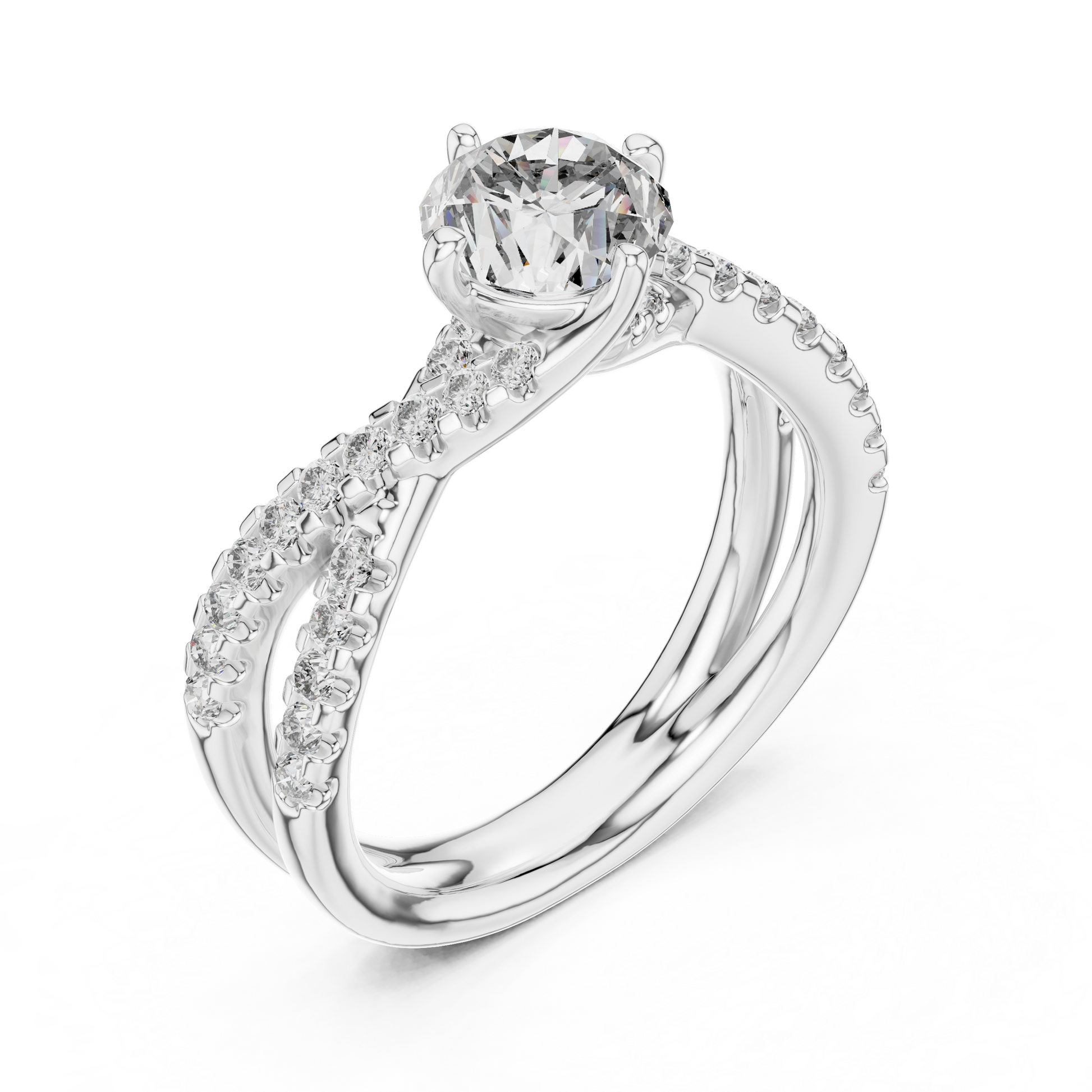 Round-cut Moissanite Sterling Silver Twisted Split-shank Solitaire Engagement Ring