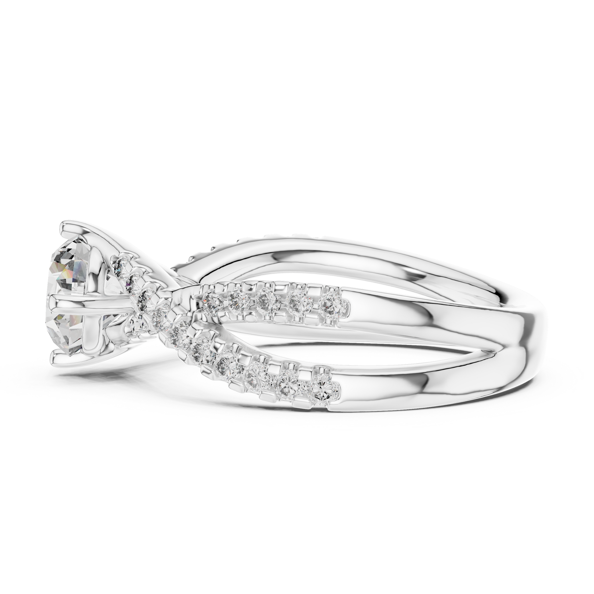 Round-cut Moissanite Sterling Silver Twisted Split-shank Solitaire Engagement Ring