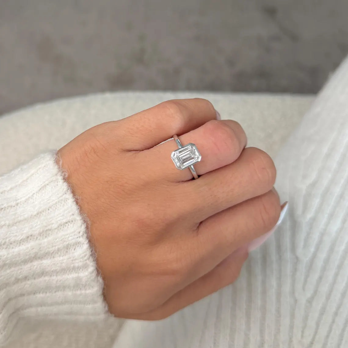 14K White Gold 2 Carat Emerald Cut Lab Grown Diamond Bezel IGI Certified D-VVS2 Engagement Ring