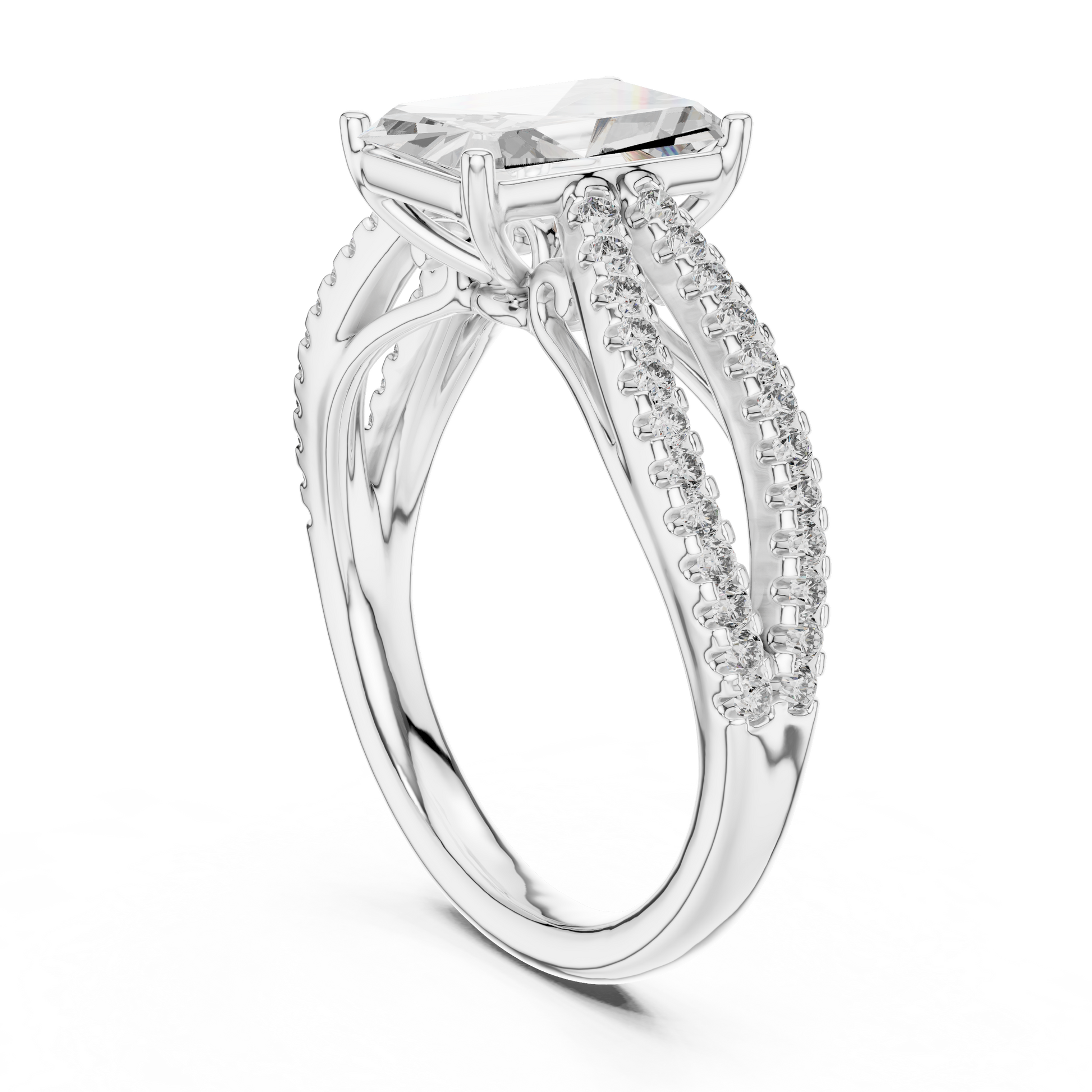 Radiant Cut Moissanite Split Shank Solitaire Engagement Ring in Sterling Silver