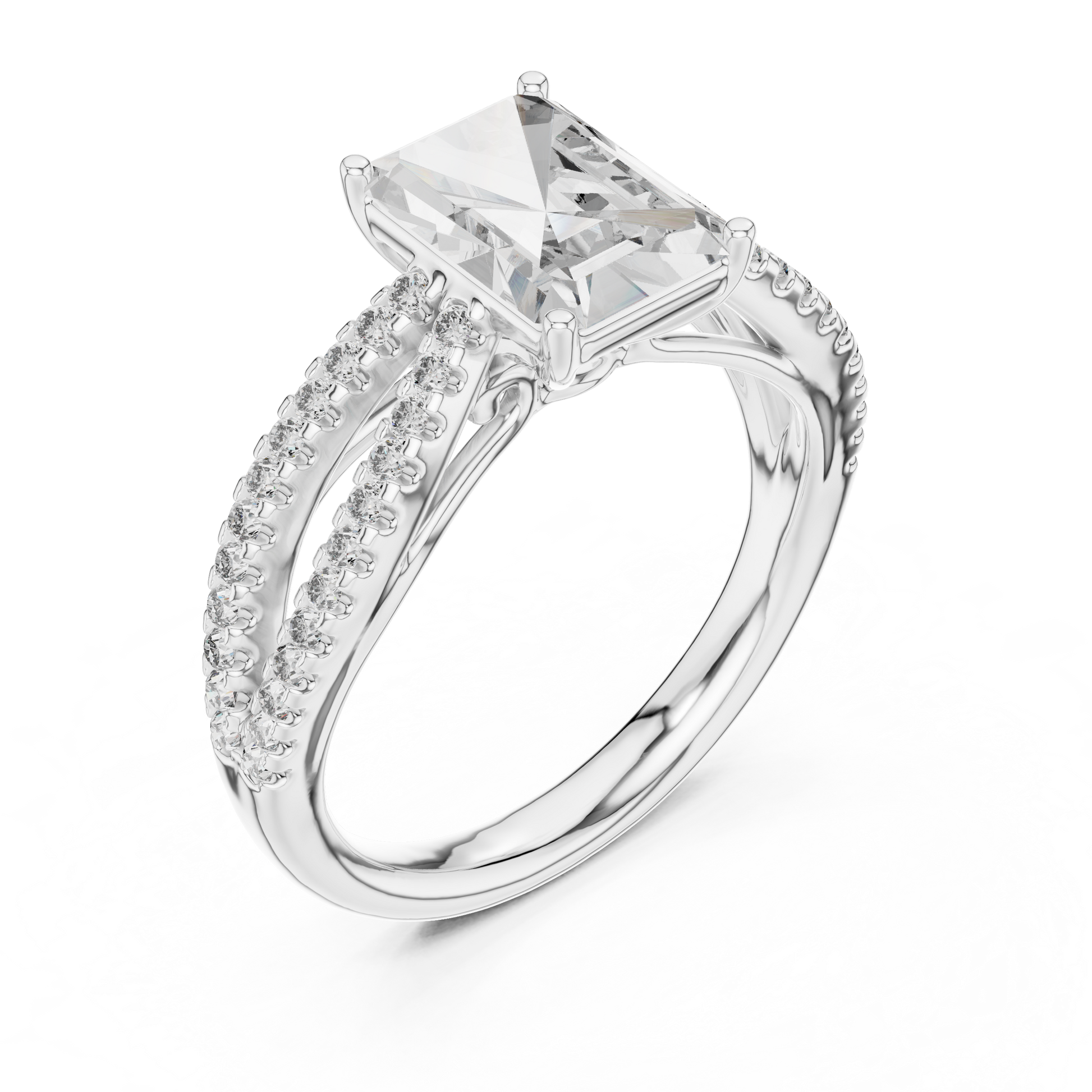 Radiant Cut Moissanite Split Shank Solitaire Engagement Ring in Sterling Silver