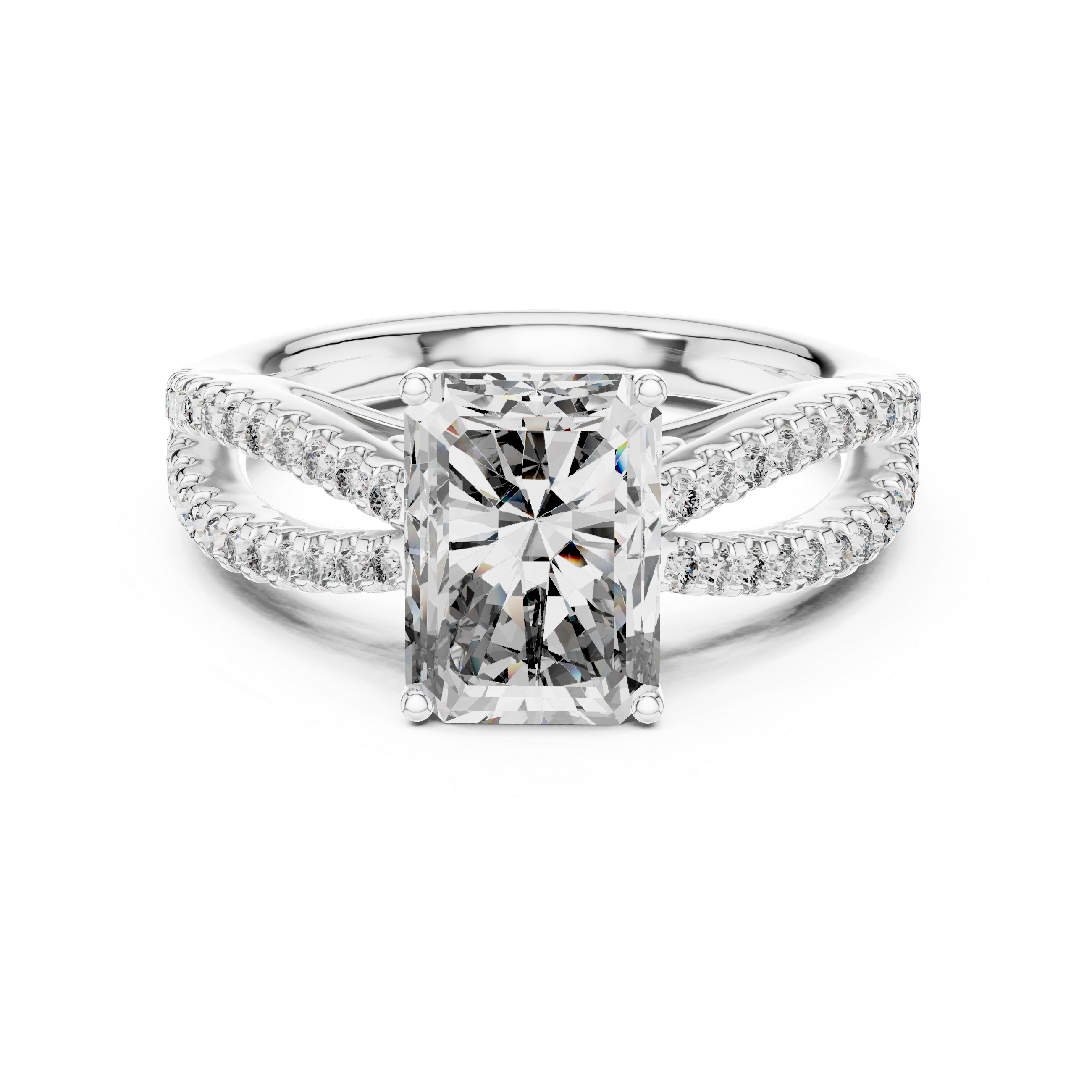 Radiant Cut Moissanite Split Shank Solitaire Engagement Ring in Sterling Silver
