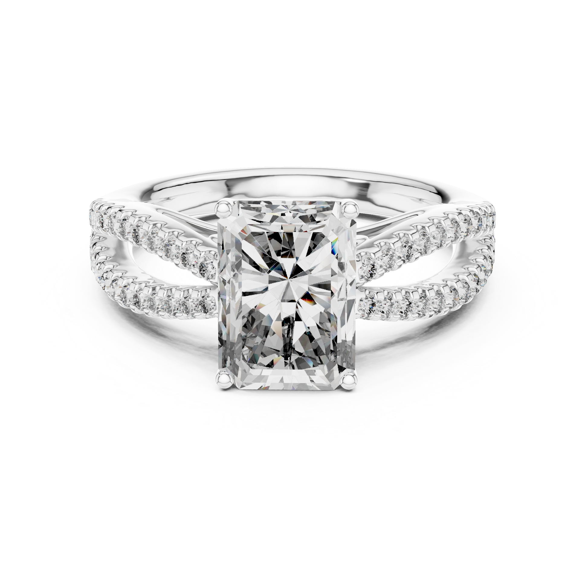 Radiant Cut Moissanite Split Shank Solitaire Engagement Ring in Sterling Silver