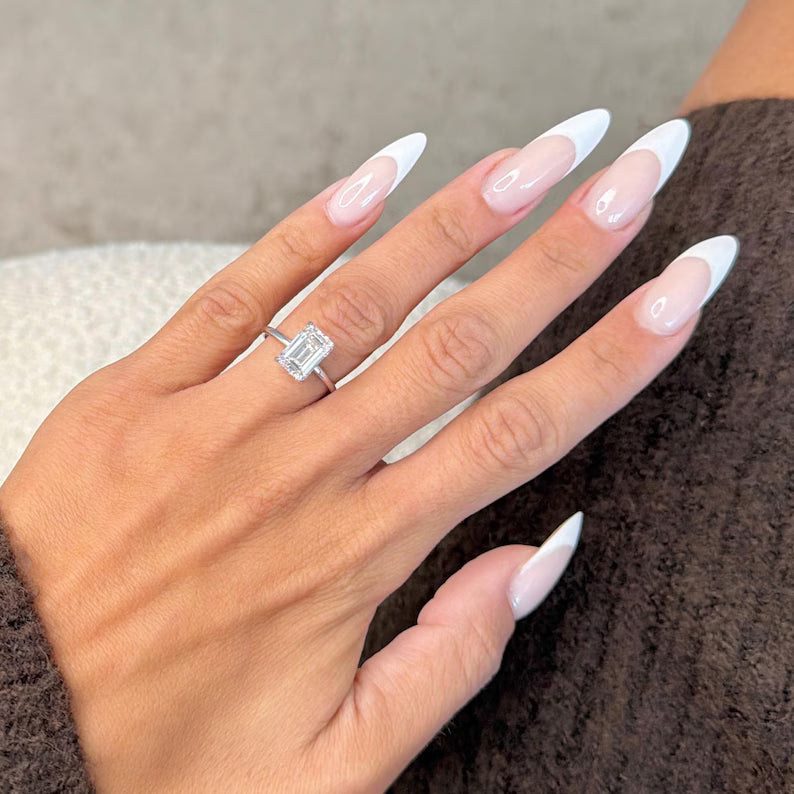 18k White Gold Solitaire Hidden Halo 3 Carat Emerald Cut Lab Grown Diamond IGI Certified Engagement Ring