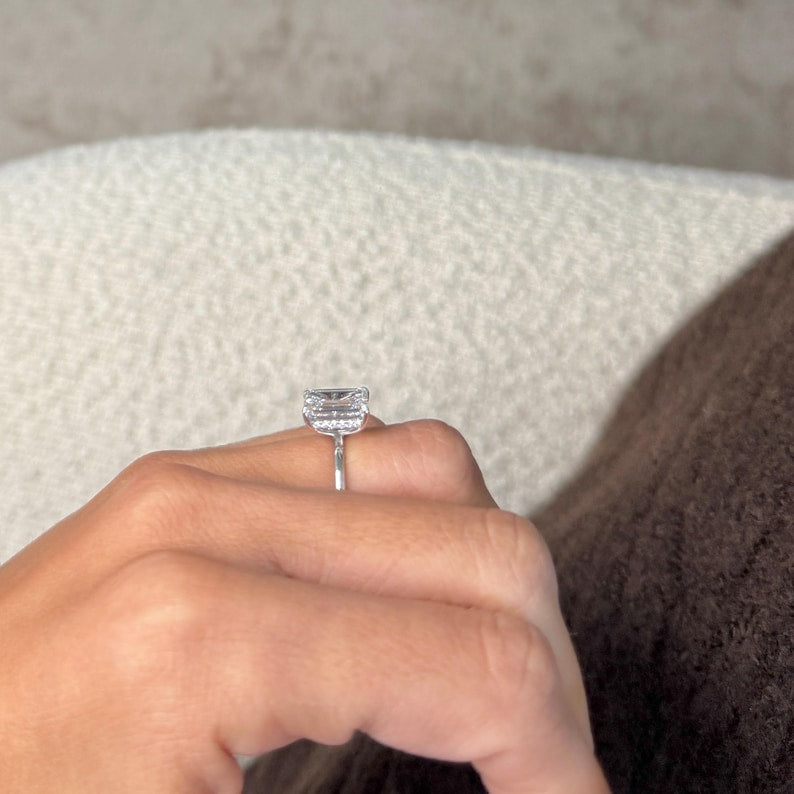 18k White Gold Solitaire Hidden Halo 3 Carat Emerald Cut Lab Grown Diamond IGI Certified Engagement Ring
