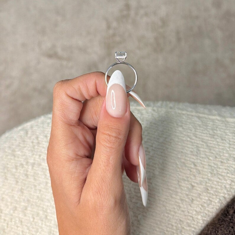 18k White Gold Solitaire Hidden Halo 3 Carat Emerald Cut Lab Grown Diamond IGI Certified Engagement Ring