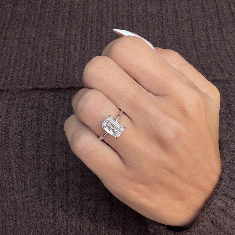 18k White Gold Solitaire Hidden Halo 3 Carat Emerald Cut Lab Grown Diamond IGI Certified Engagement Ring