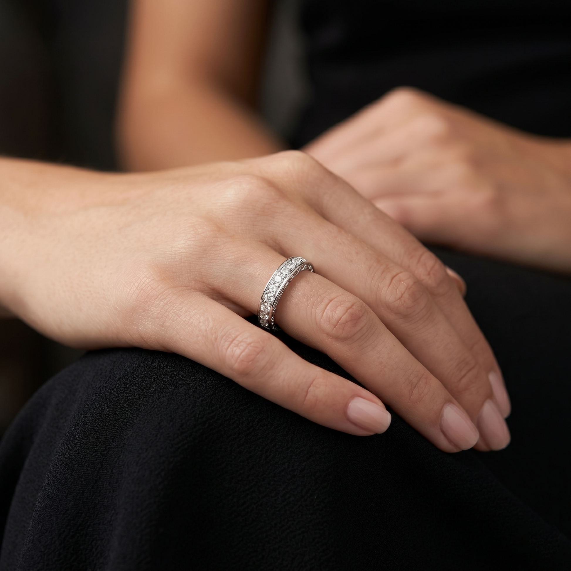 Intricate Filigree Decorative Vintage-inspired Eternity Wedding Band in 925 Sterling Silver