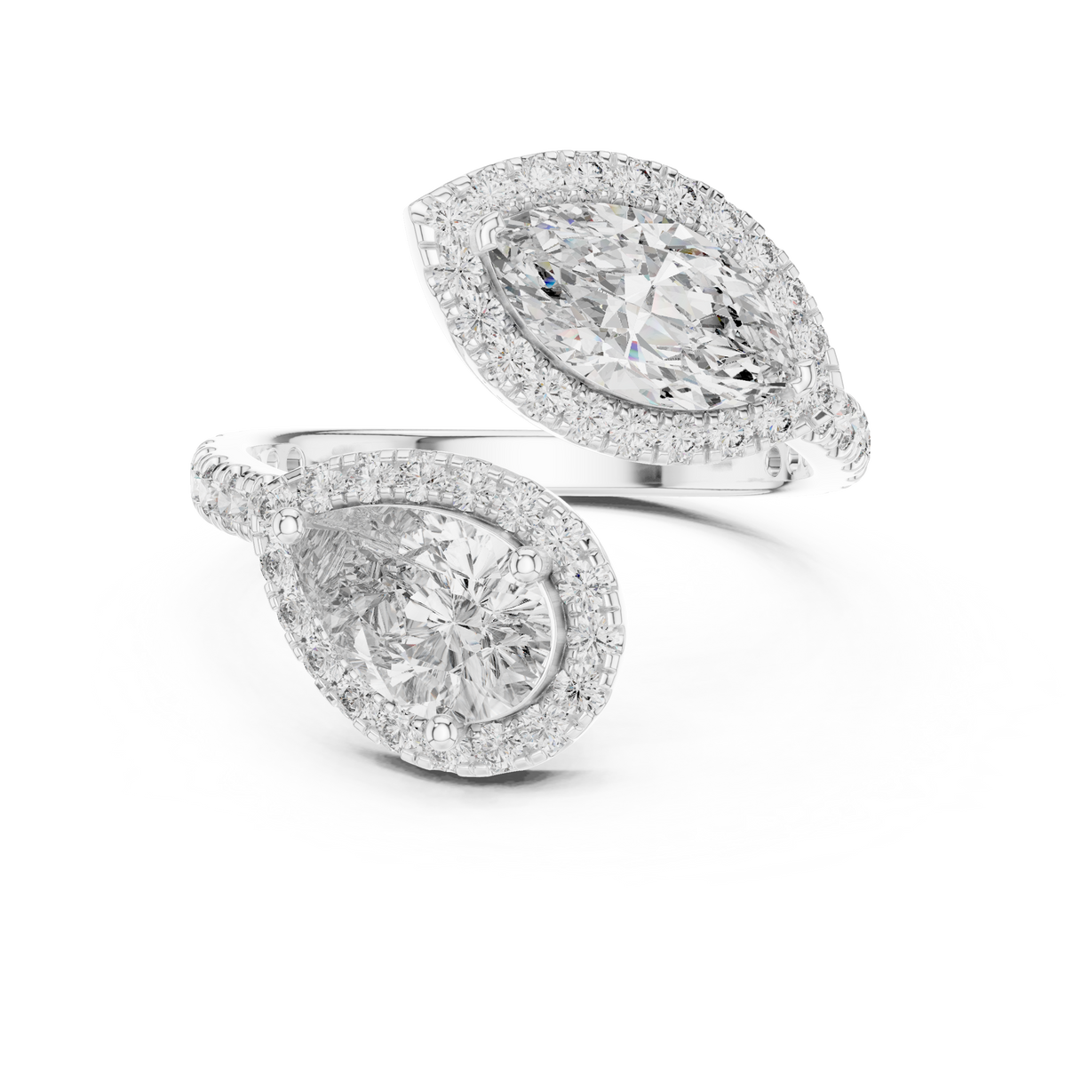 The Toi et Moi Double Halo Bypass Ring in 925 Sterling Silver