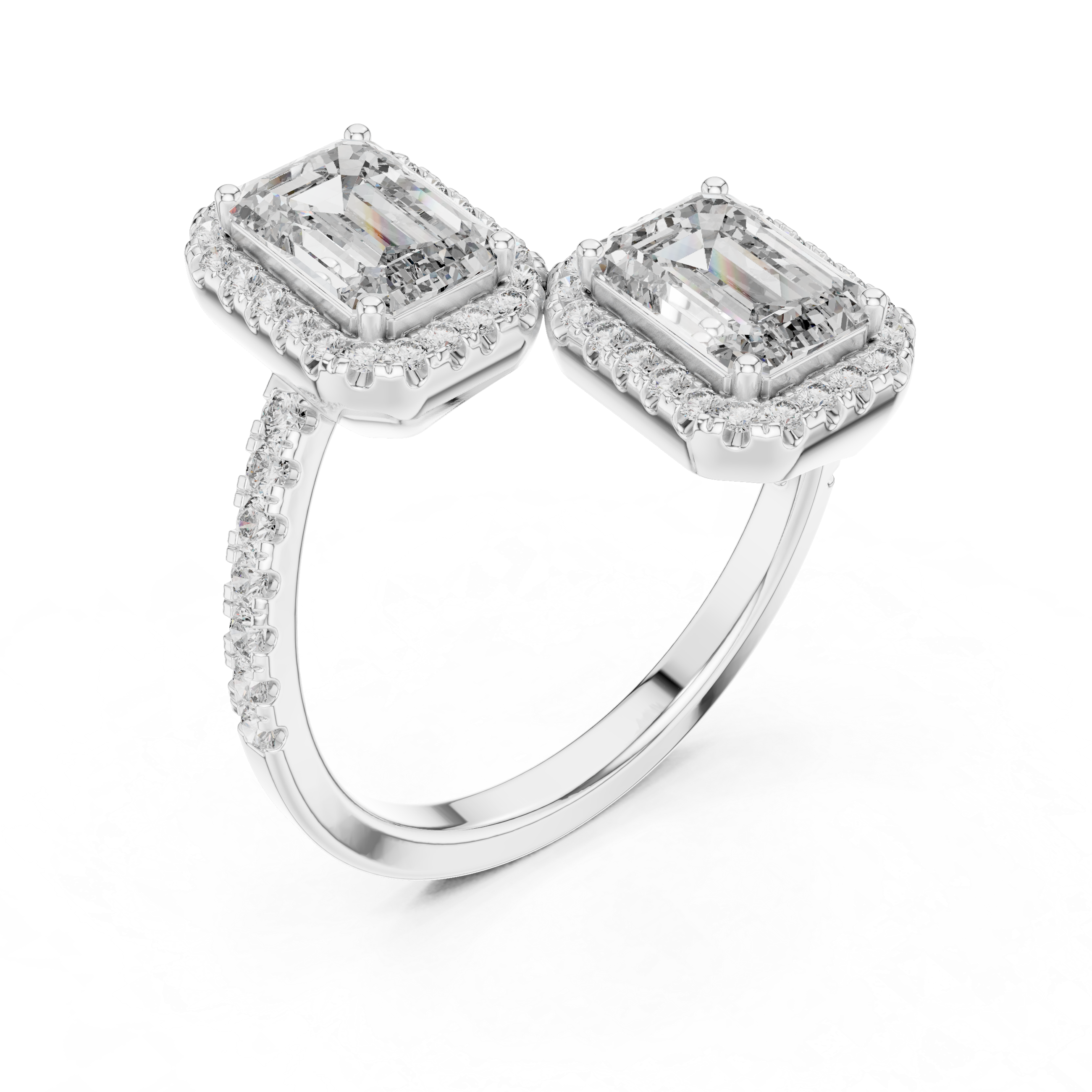 The Double Emerald-Cut Toi et Moi Pavé Halo Bypass Ring