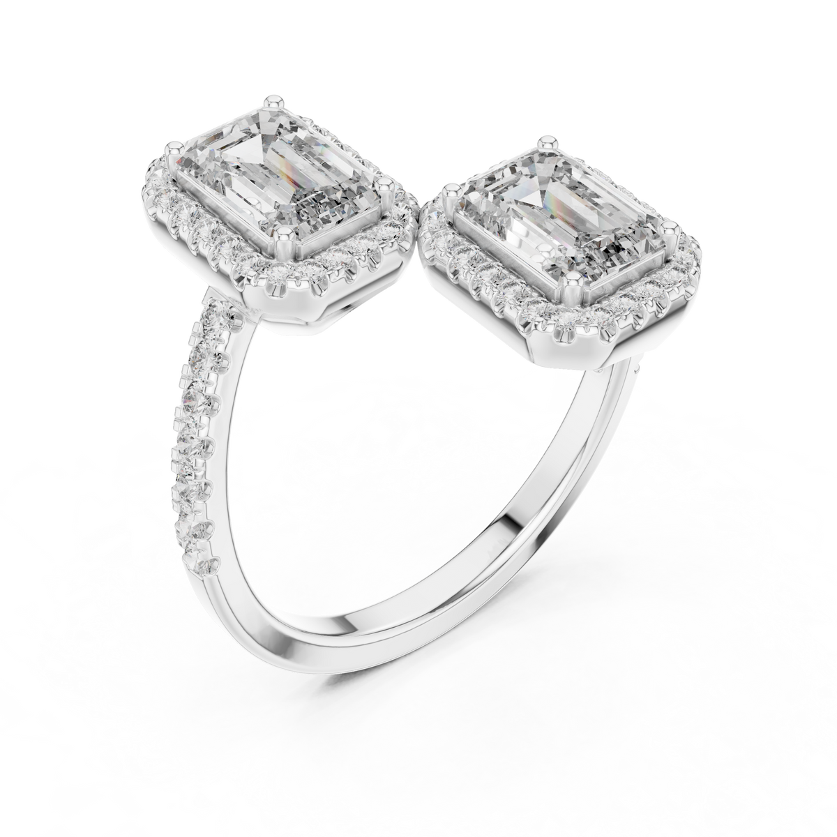 The Double Emerald-Cut Toi et Moi Pavé Halo Bypass Ring