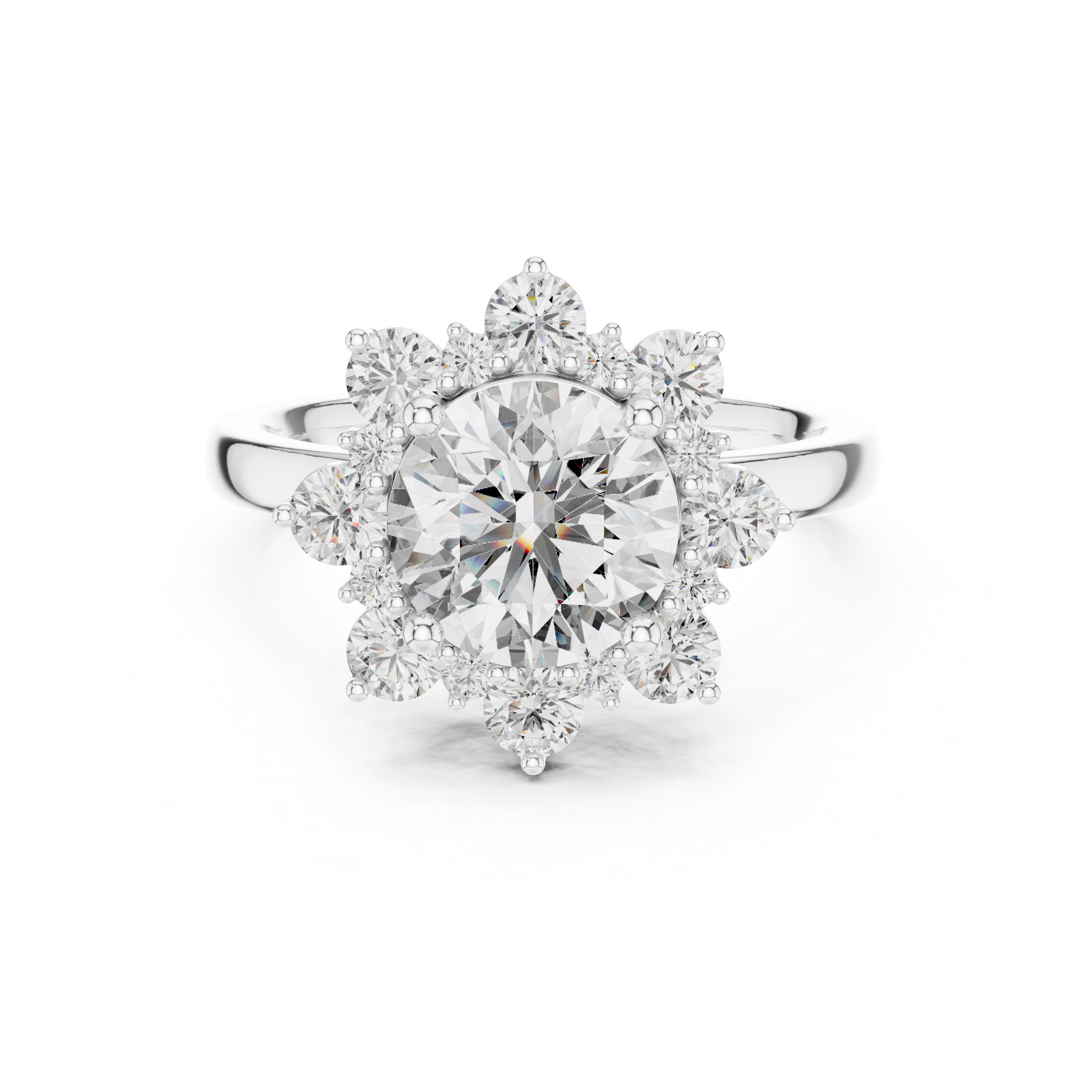 Round Brilliant Moissanite Starburst Vintage Snowflake Halo Ring