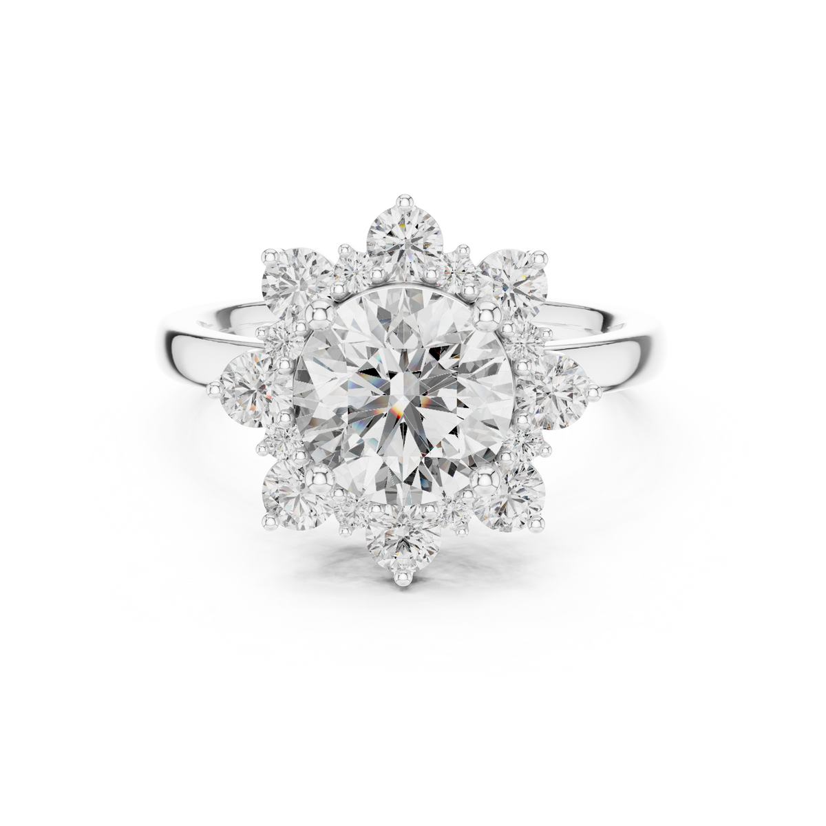 Round Brilliant Moissanite Starburst Vintage Snowflake Halo Ring