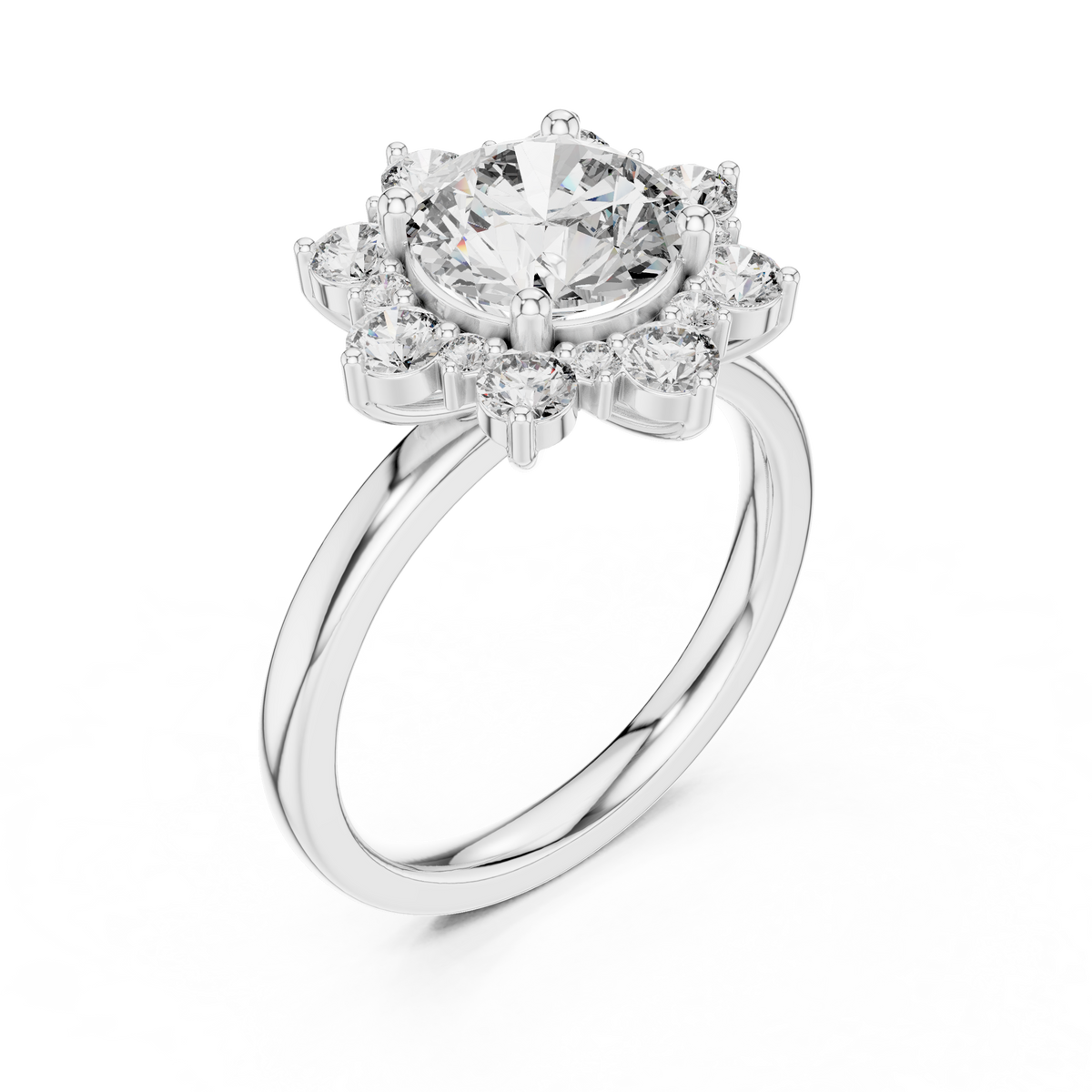 Round Brilliant Moissanite Starburst Vintage Snowflake Halo Ring