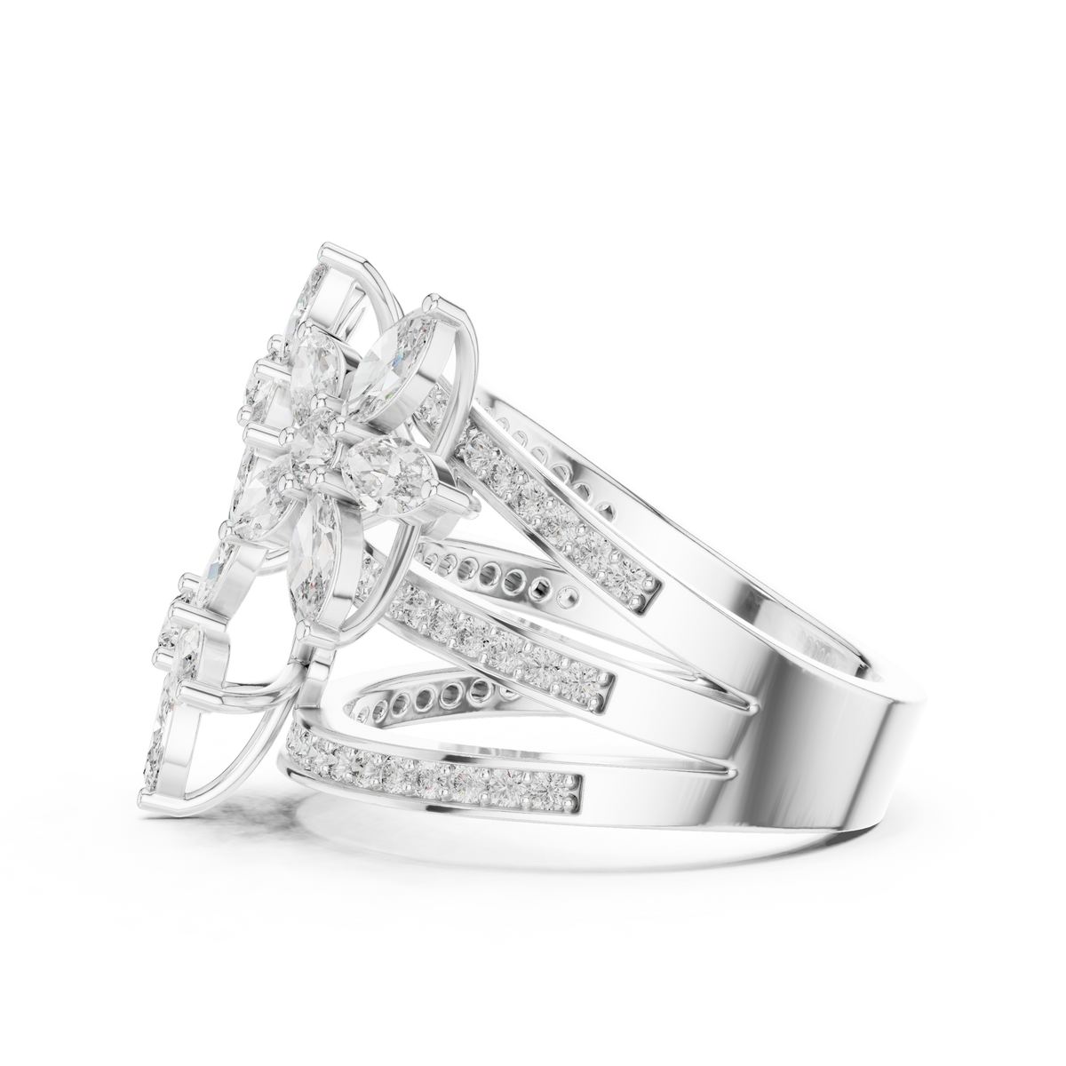 Marquise Cut Moissanite Multi-Row Floral Statement Ring in 925 Sterling Silver