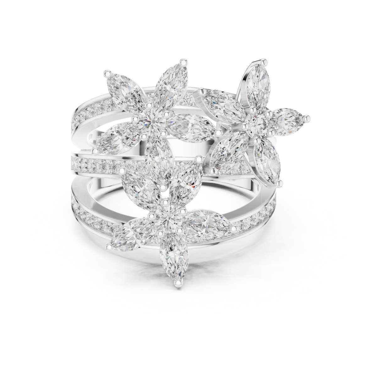 Marquise Cut Moissanite Multi-Row Floral Statement Ring in 925 Sterling Silver