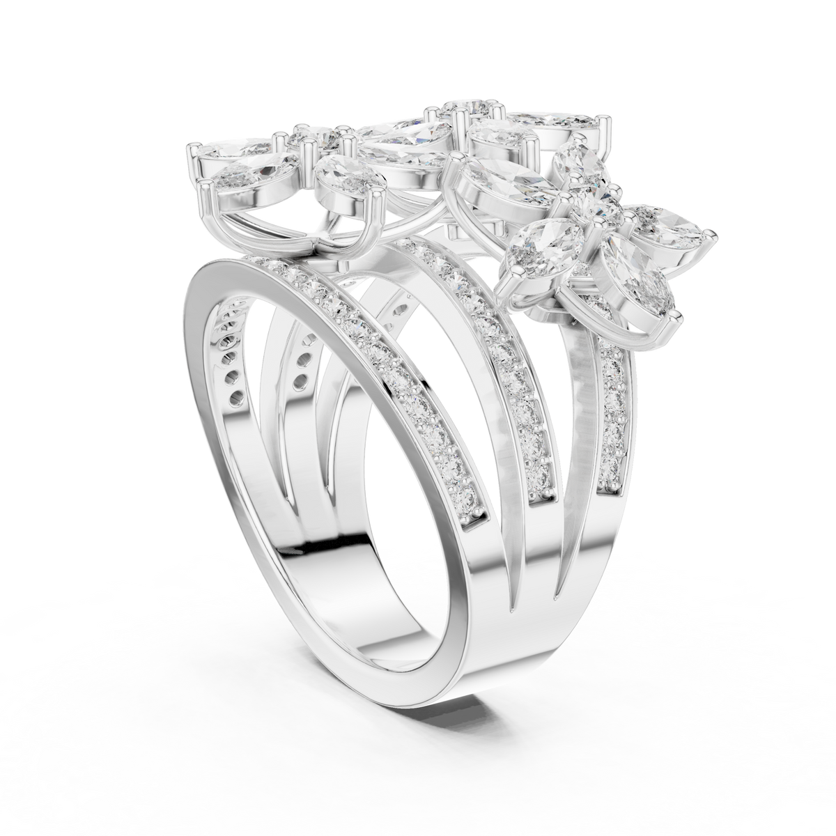 Marquise Cut Moissanite Multi-Row Floral Statement Ring in 925 Sterling Silver