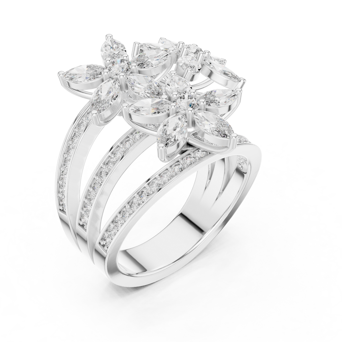 Marquise Cut Moissanite Multi-Row Floral Statement Ring in 925 Sterling Silver