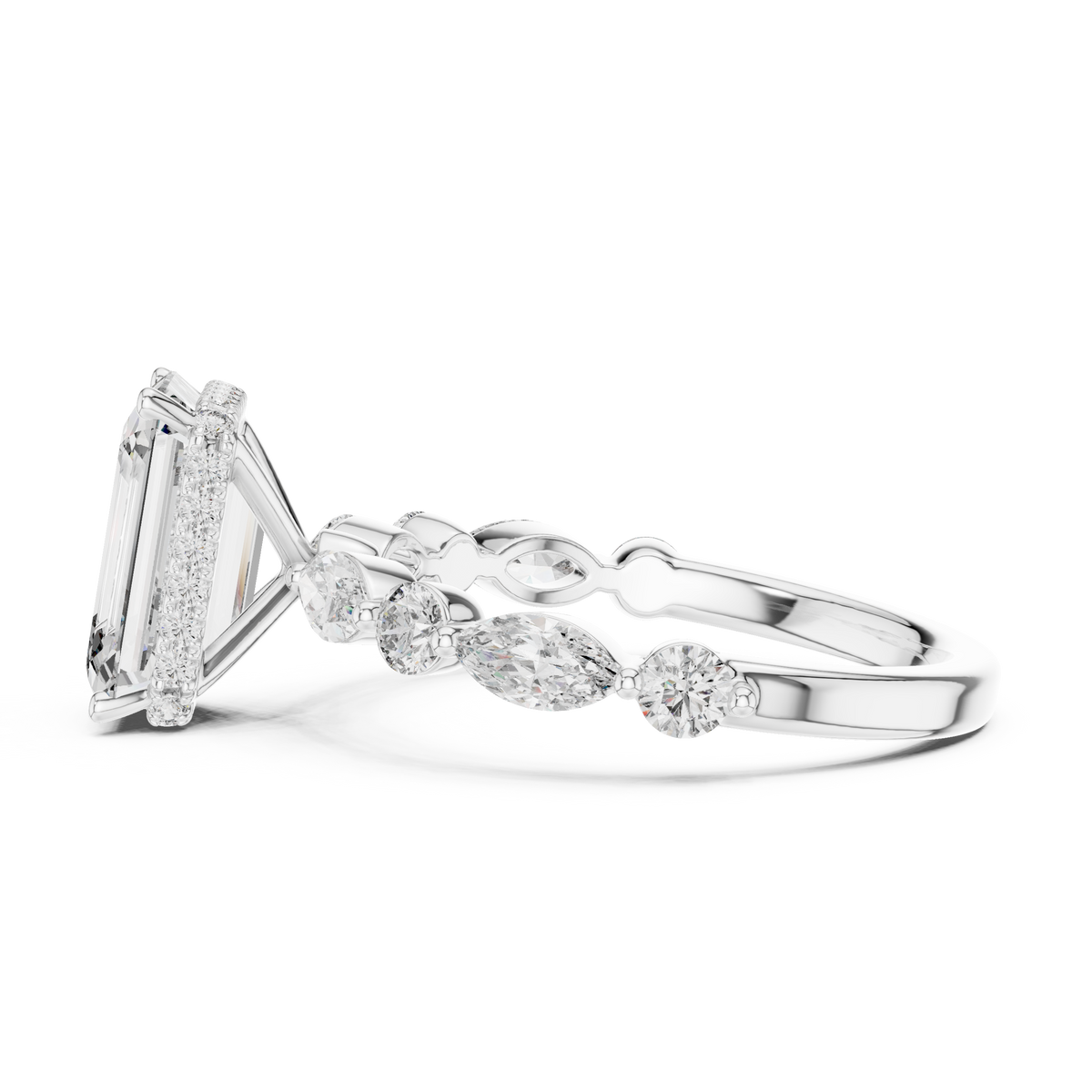Art Deco Emerald-Cut Moissanite Ring with Alternating Marquise & Round Cluster Band