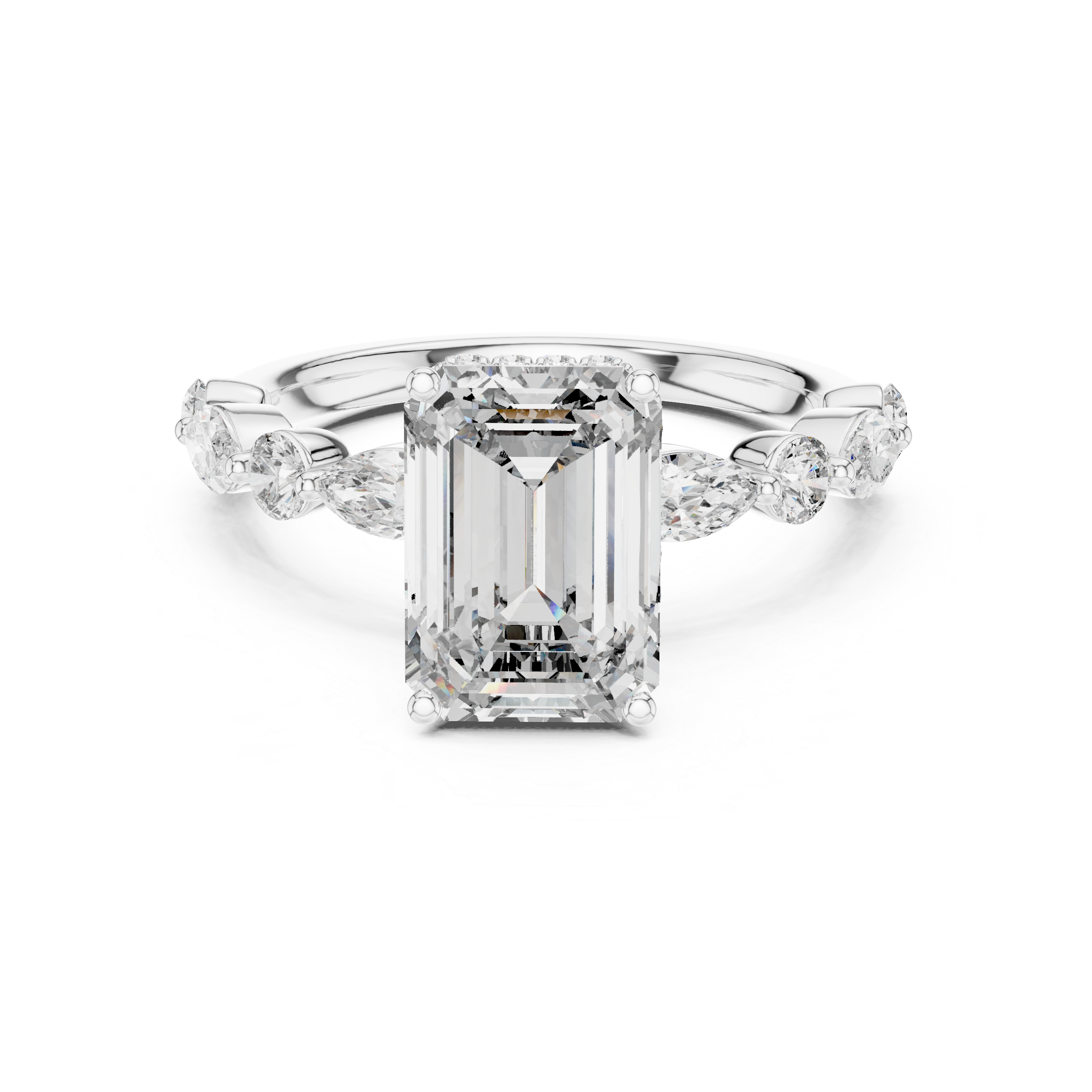 Art Deco Emerald-Cut Moissanite Ring with Alternating Marquise & Round Cluster Band
