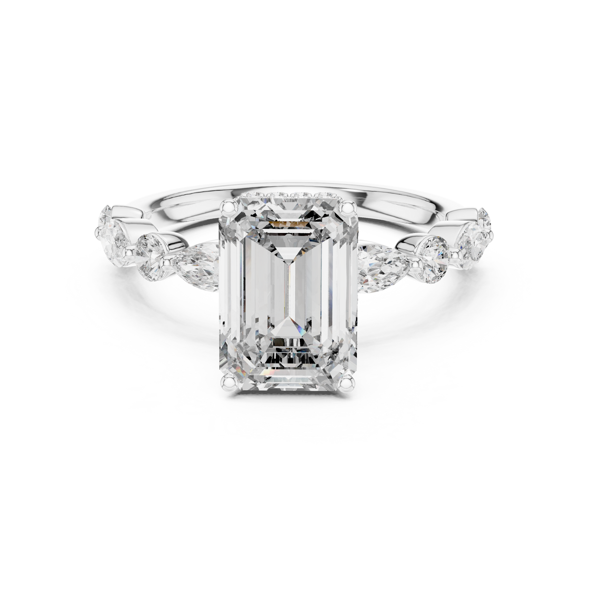 Art Deco Emerald-Cut Moissanite Ring with Alternating Marquise & Round Cluster Band