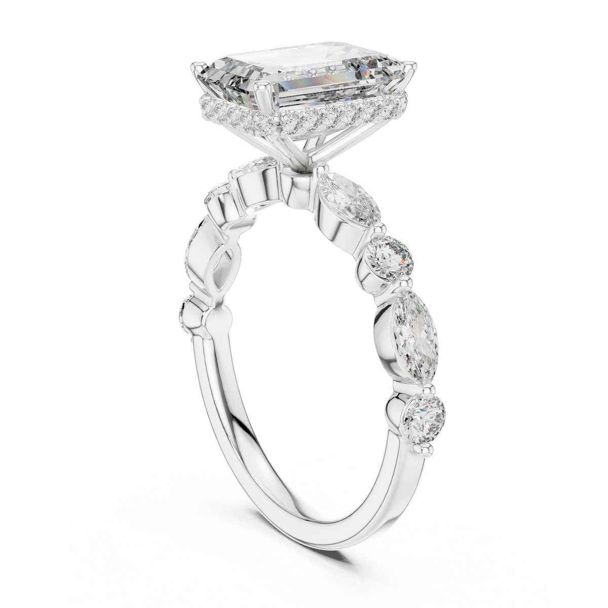 Art Deco Emerald-Cut Moissanite Ring with Alternating Marquise & Round Cluster Band