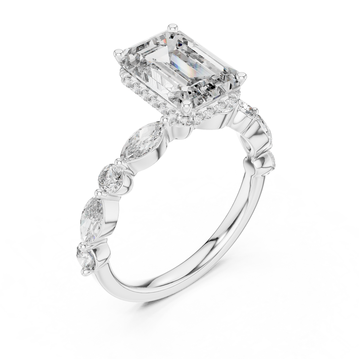 Art Deco Emerald-Cut Moissanite Ring with Alternating Marquise & Round Cluster Band