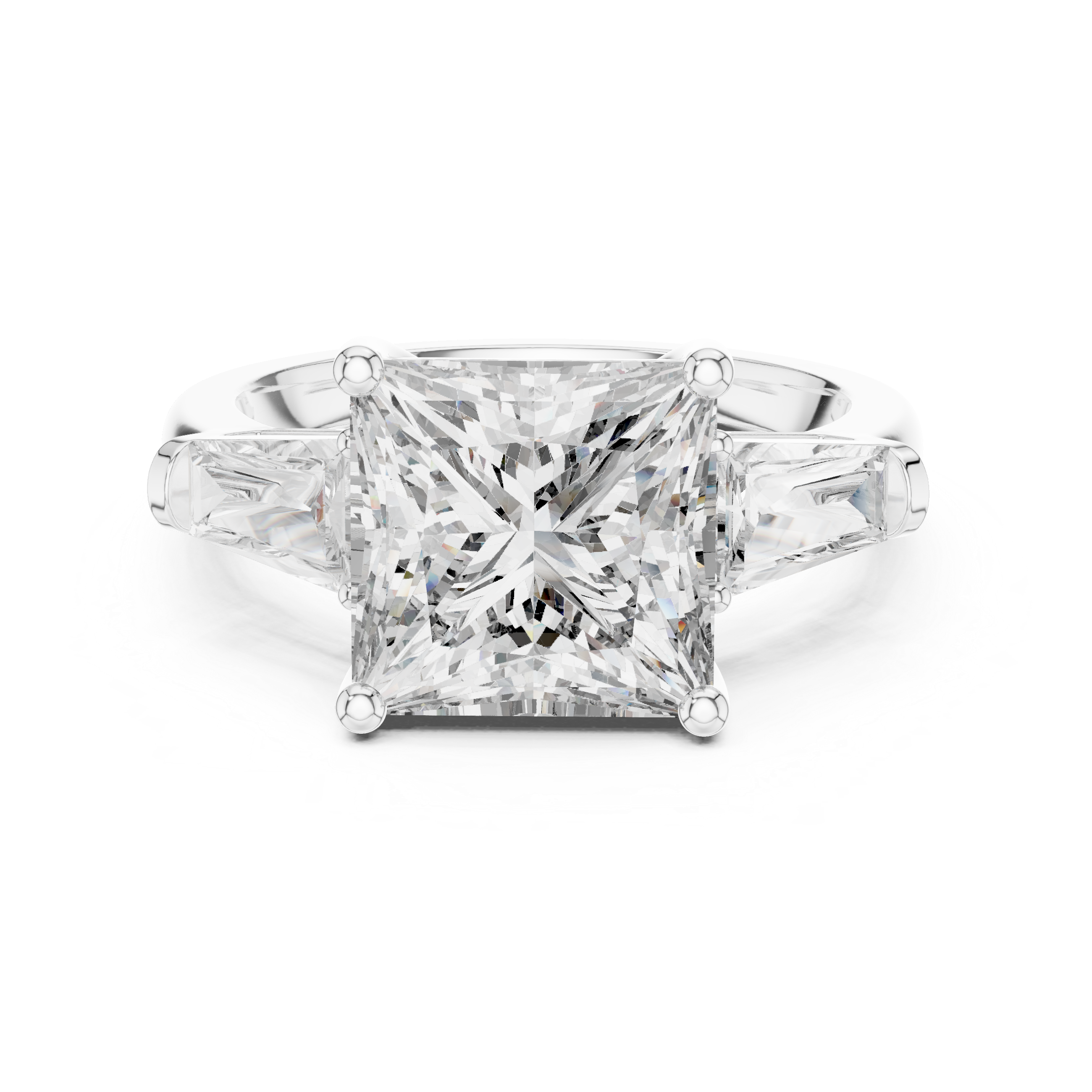 A Three-Stone Princess-Cut Engagement Ring with Tapered Baguette Accents