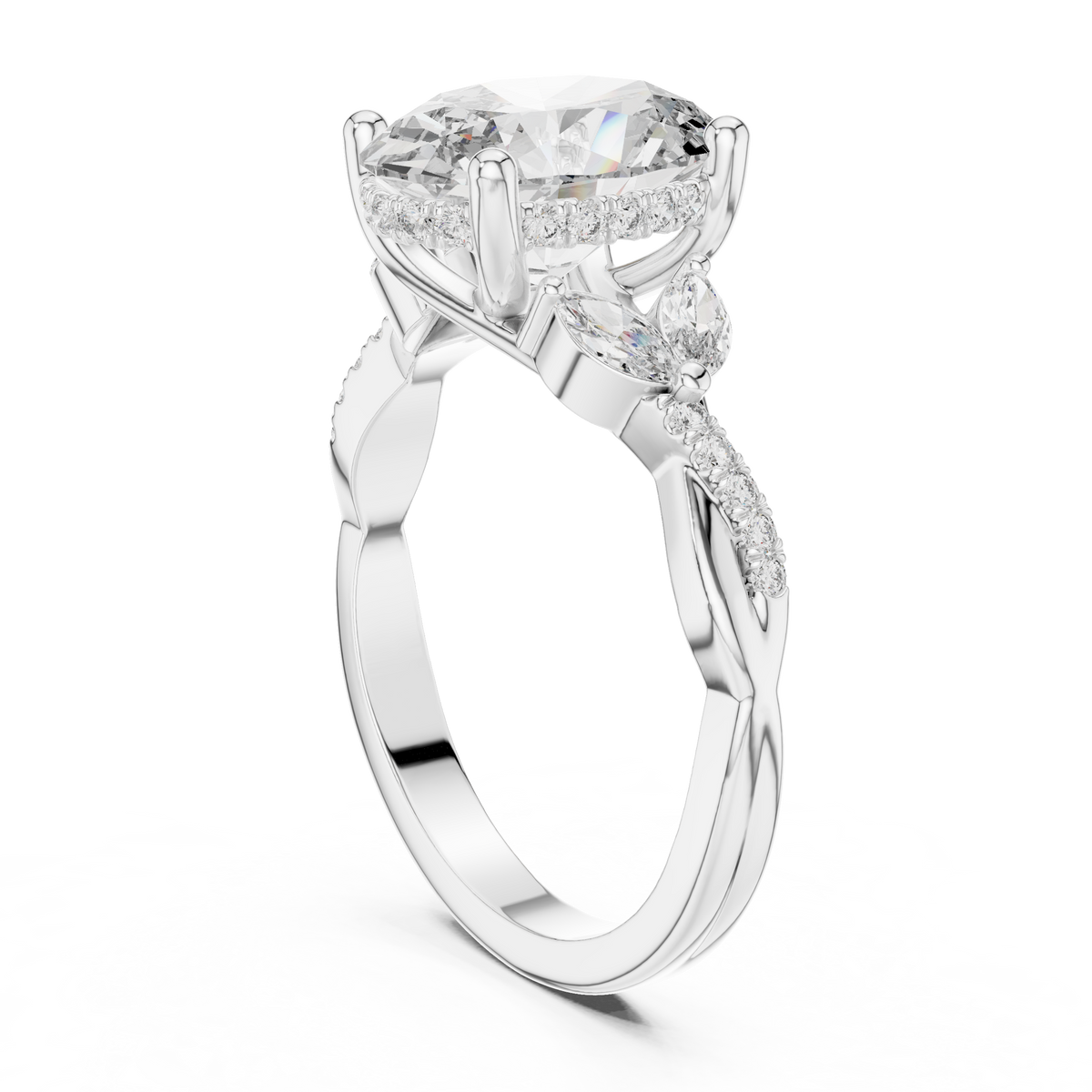 Nature-inspired Oval Moissanite Solitaire Twisted Shank Engagement Ring