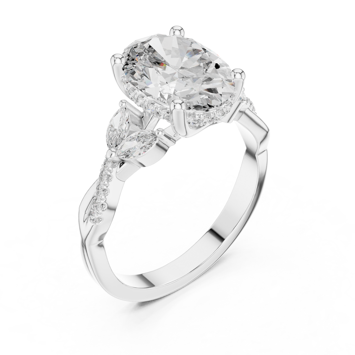 Nature-inspired Oval Moissanite Solitaire Twisted Shank Engagement Ring