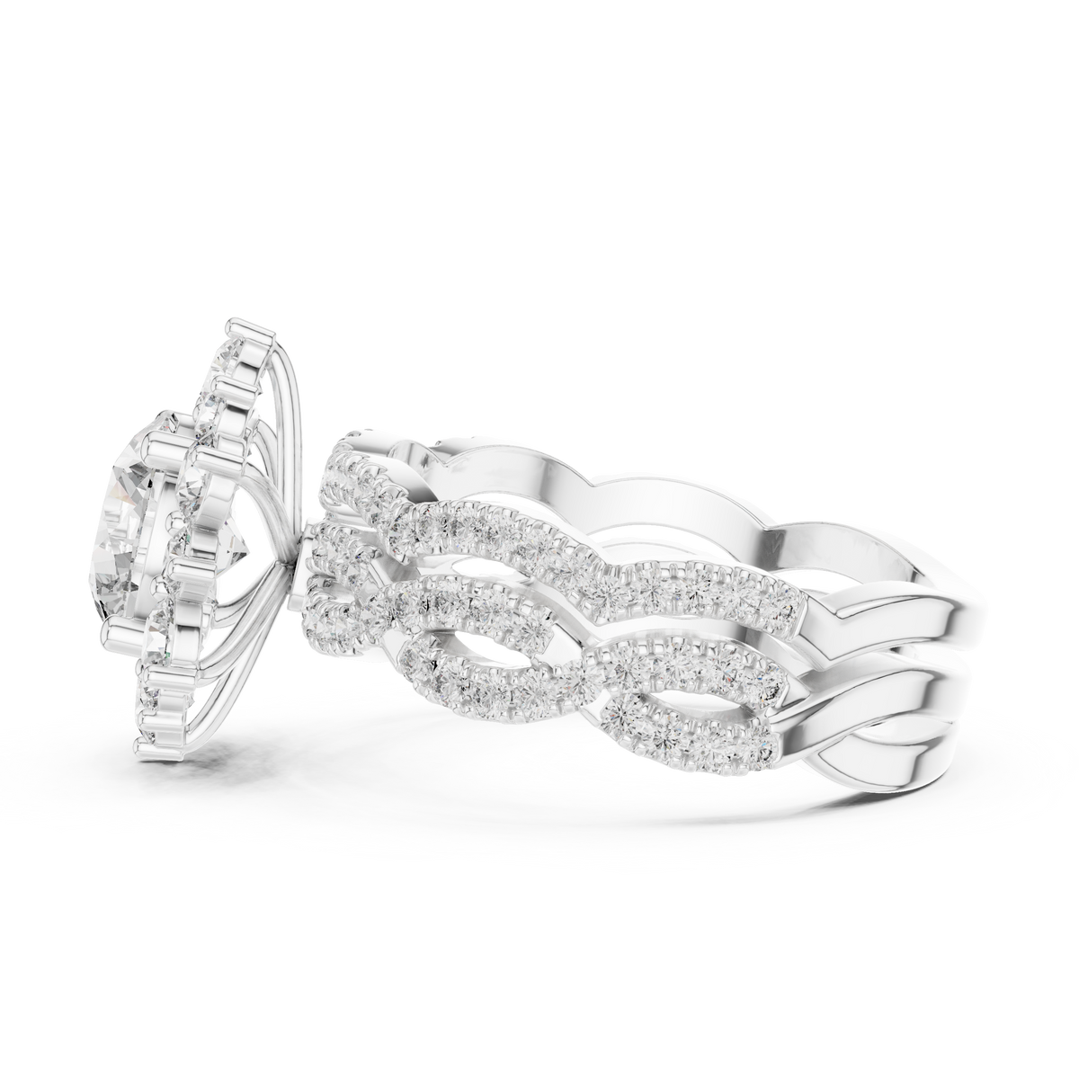 Vintage-Style Silver Round Moissanite Sunburst Halo & Infinity Twist Band Bridal Set