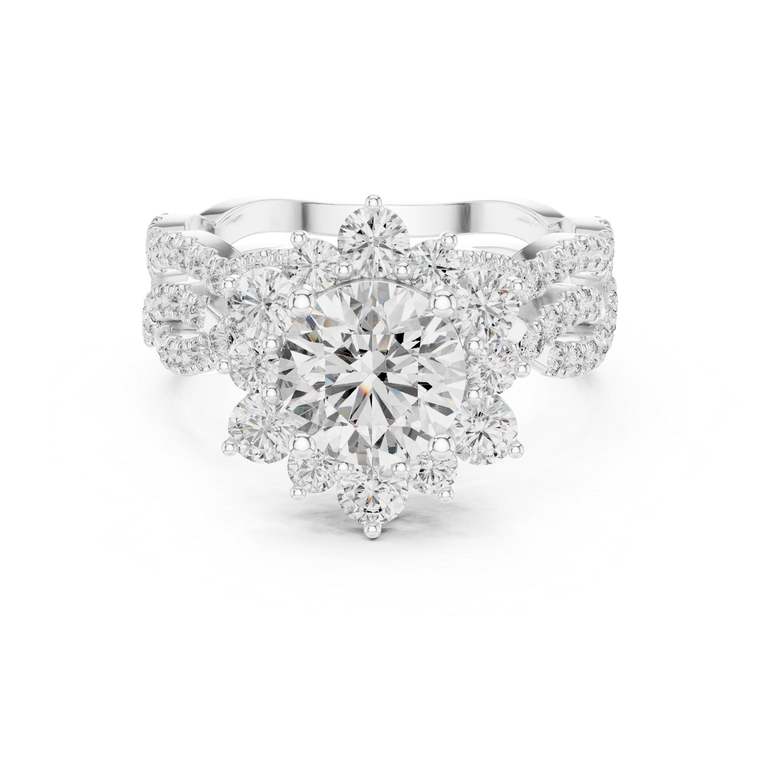 Vintage-Style Silver Round Moissanite Sunburst Halo & Infinity Twist Band Bridal Set