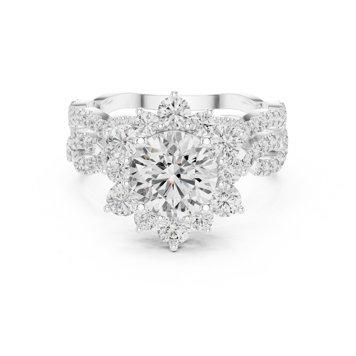 Vintage-Style Silver Round Moissanite Sunburst Halo & Infinity Twist Band Bridal Set