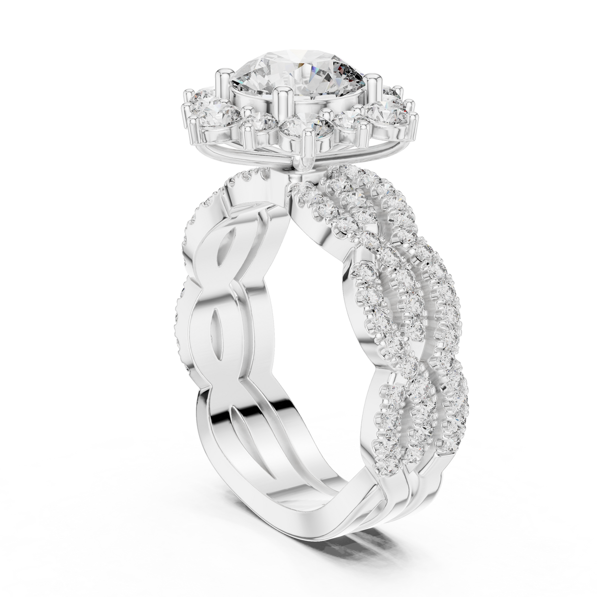Vintage-Style Silver Round Moissanite Sunburst Halo & Infinity Twist Band Bridal Set