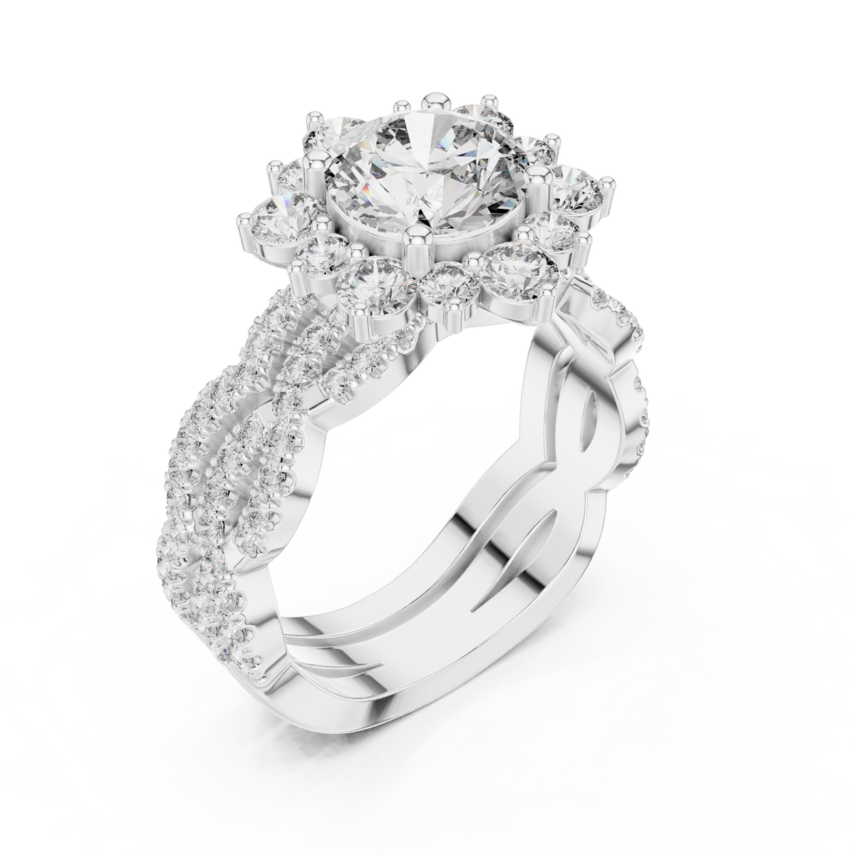 Vintage-Style Silver Round Moissanite Sunburst Halo & Infinity Twist Band Bridal Set