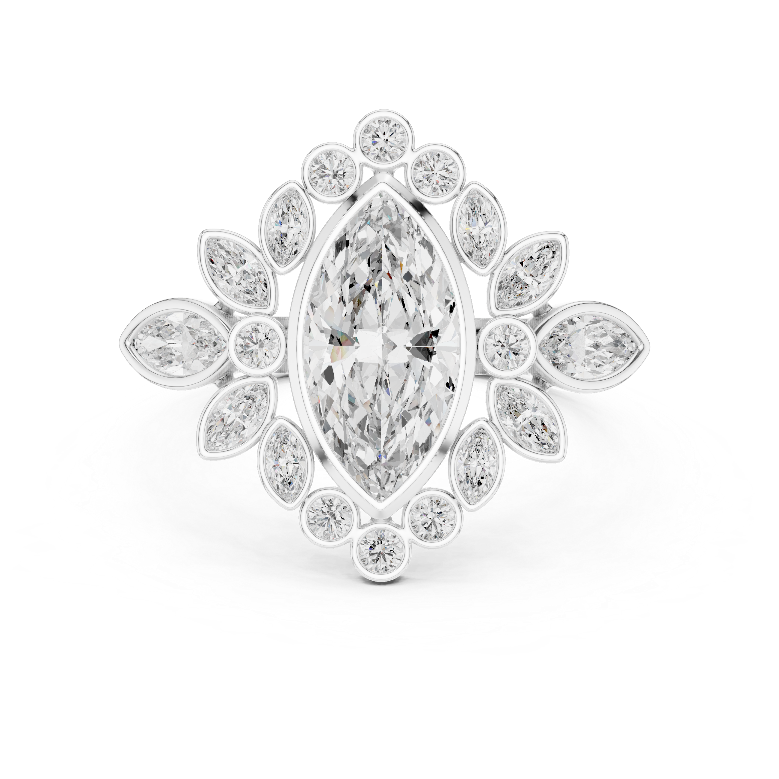 Marquise-Cut Celestial Bloom Asymmetrical Floral Cluster Halo Engagement Ring