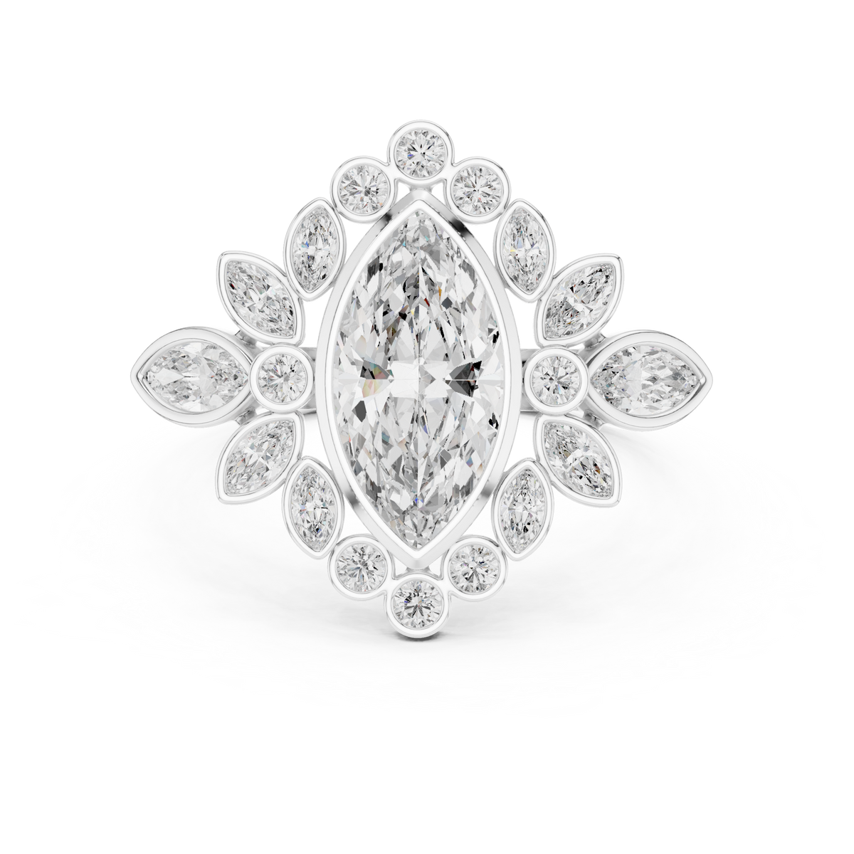 Marquise-Cut Celestial Bloom Asymmetrical Floral Cluster Halo Engagement Ring
