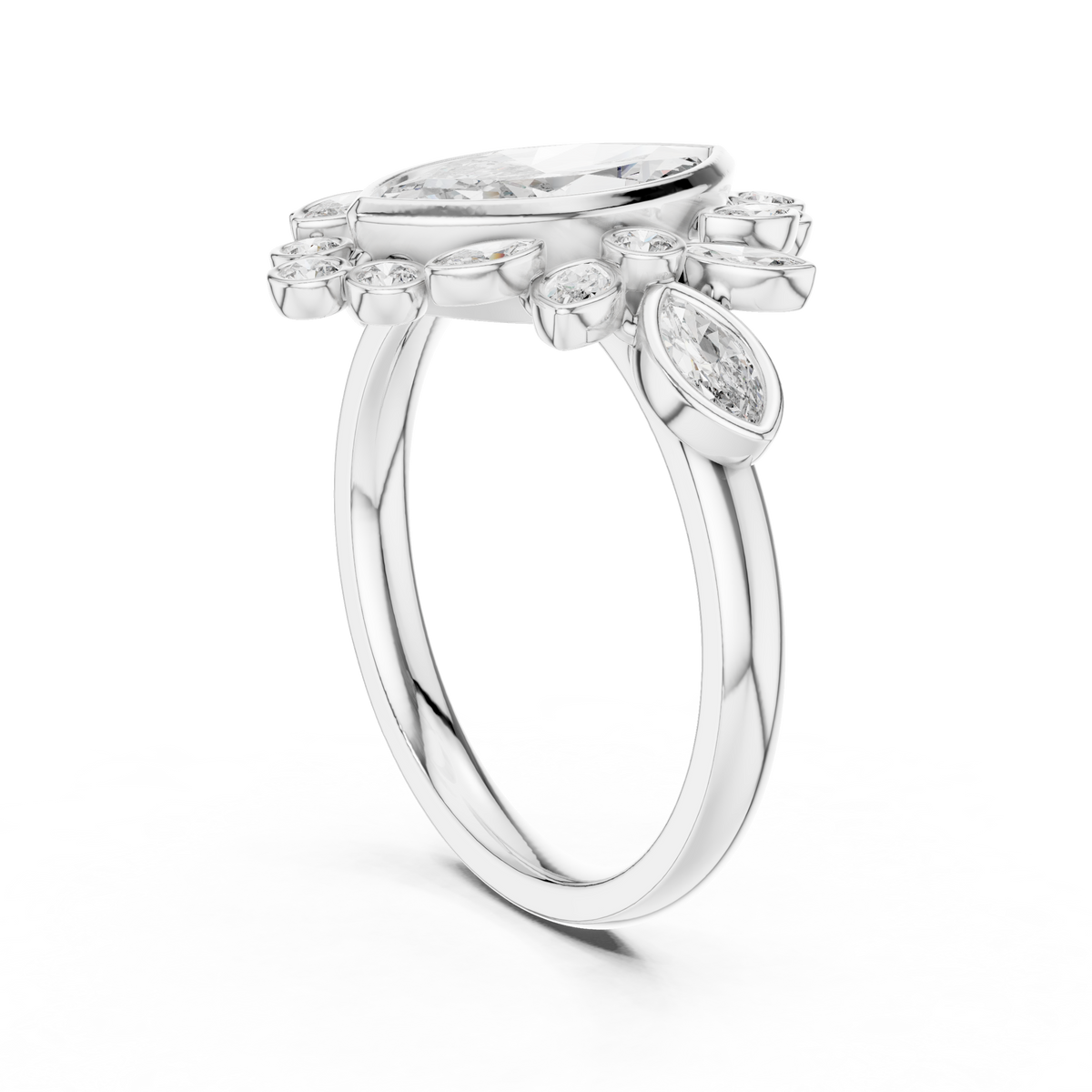 Marquise-Cut Celestial Bloom Asymmetrical Floral Cluster Halo Engagement Ring