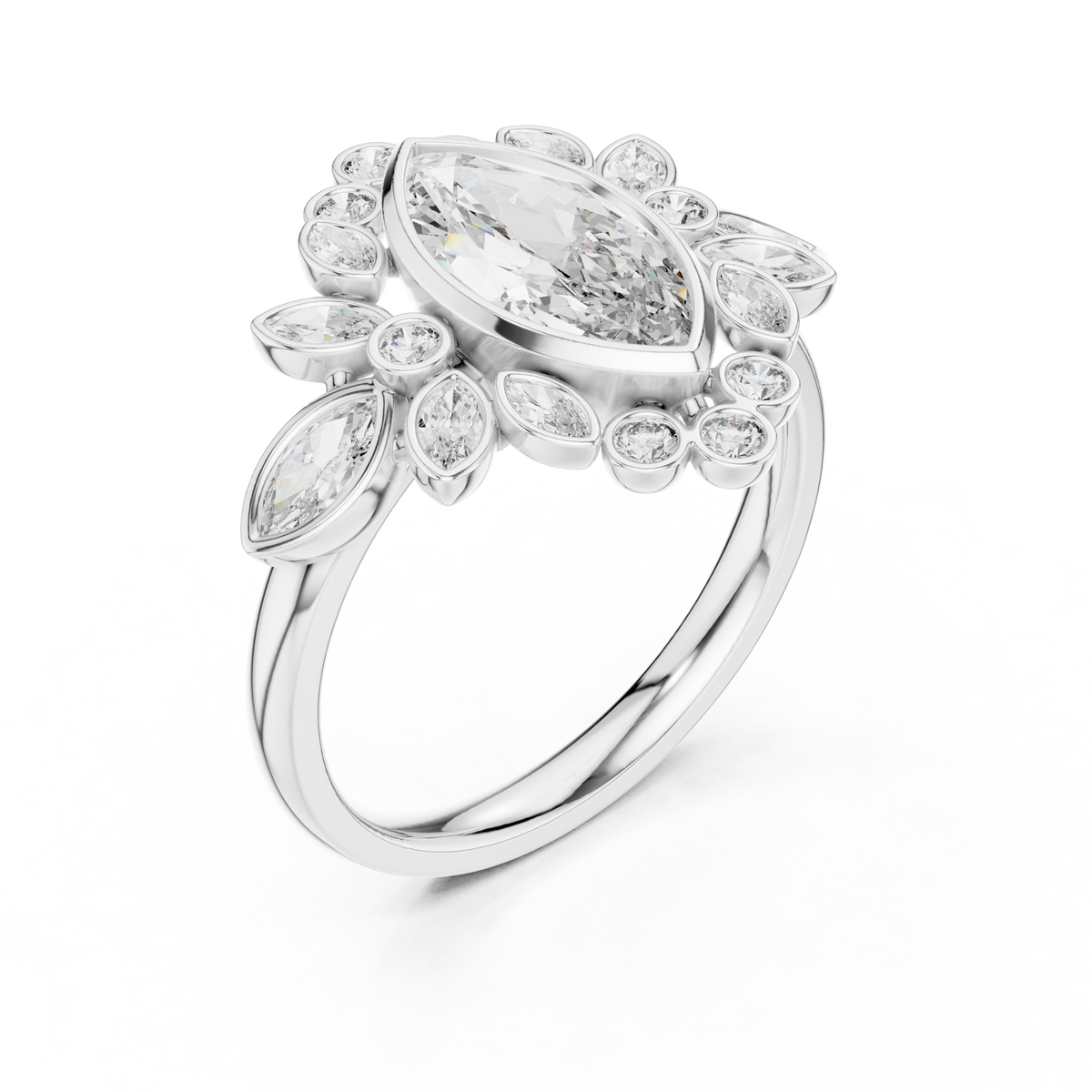 Marquise-Cut Celestial Bloom Asymmetrical Floral Cluster Halo Engagement Ring